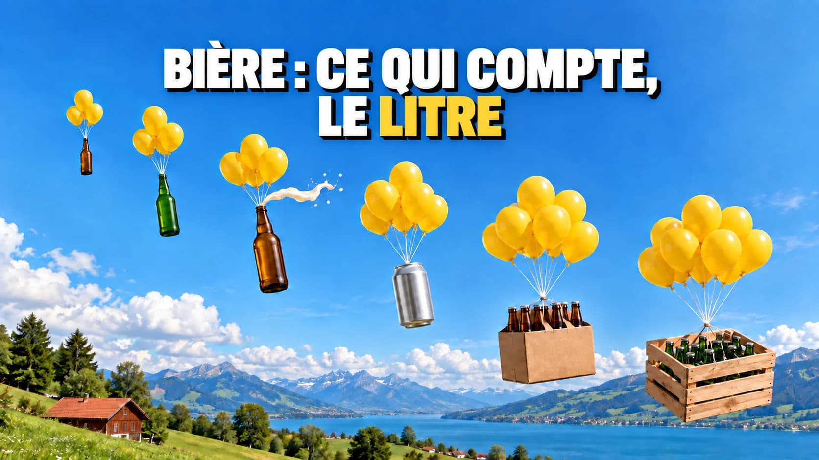 Des bouteilles de bière sans étiquette et une caisse s’envolent avec des ballons jaunes.