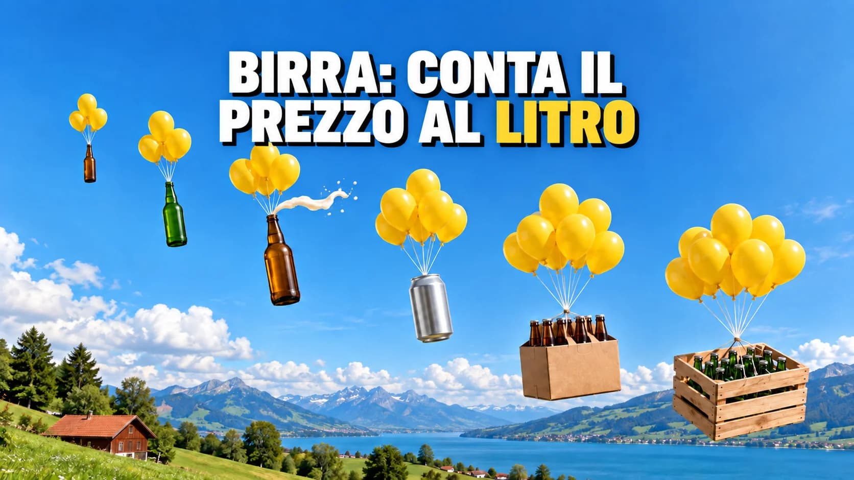 Bottiglie di birra senza etichetta e una cassa di legno salgono nel cielo azzurro appese a palloncini gialli