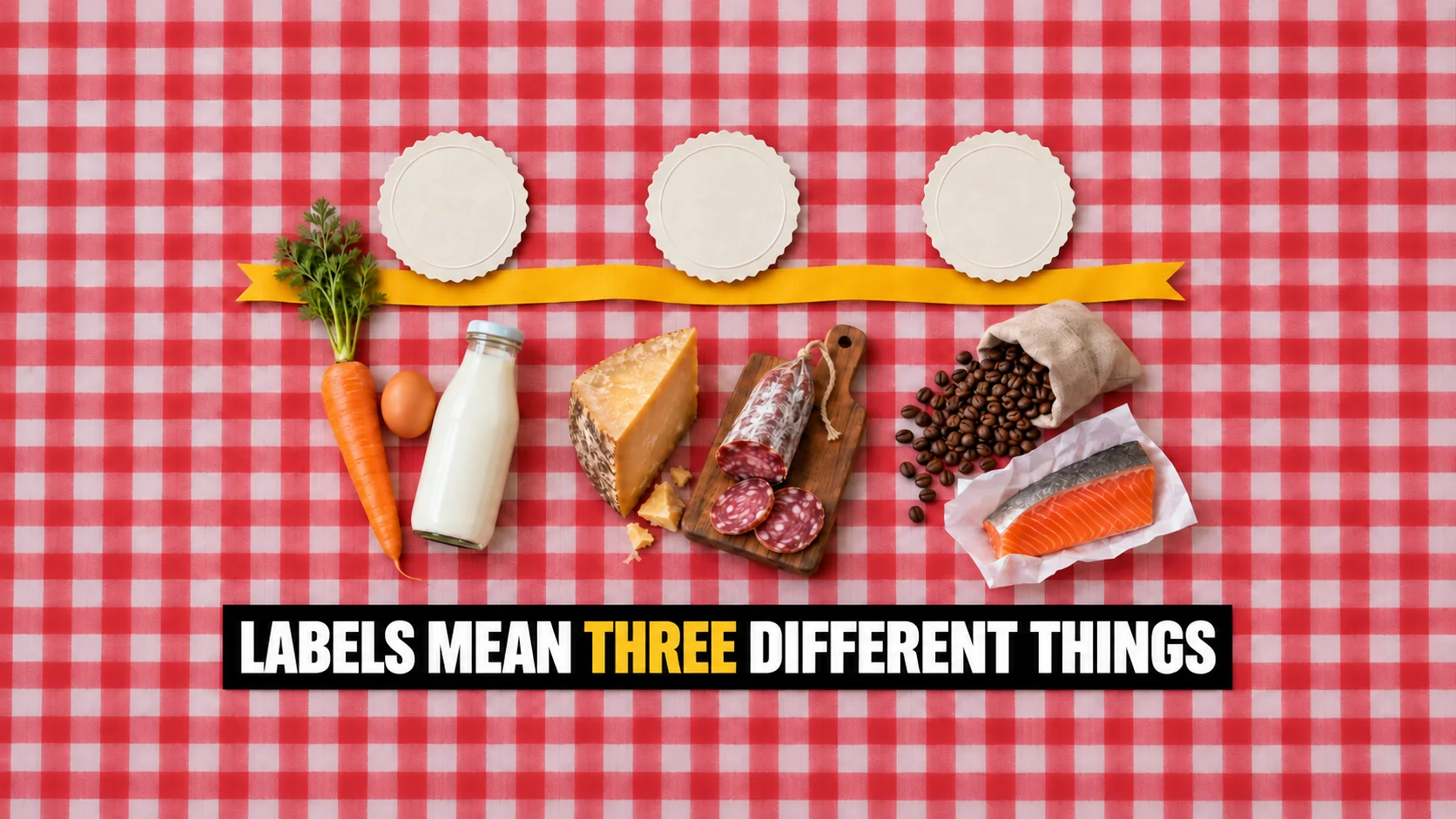 Flat lay on a red and white checked cloth with three columns of food, each headed by a blank round paper seal.