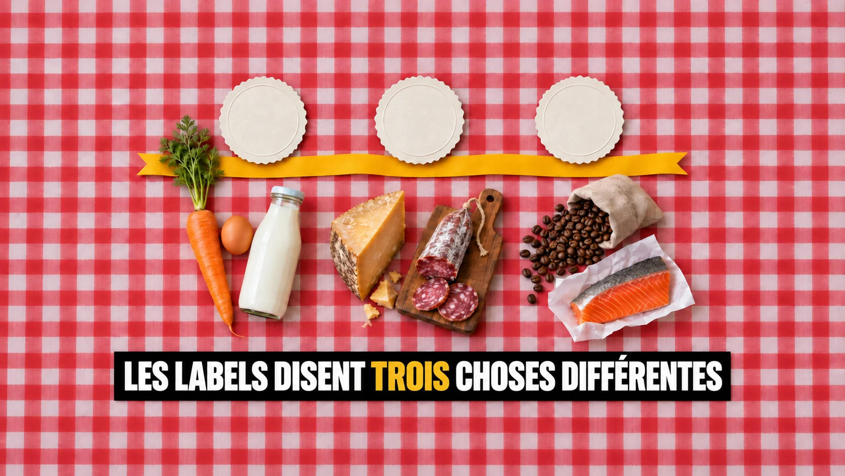 Flat lay sur une nappe à carreaux rouges et blancs : trois colonnes d’aliments, chacune surmontée d’un sceau en papier rond et vierge.