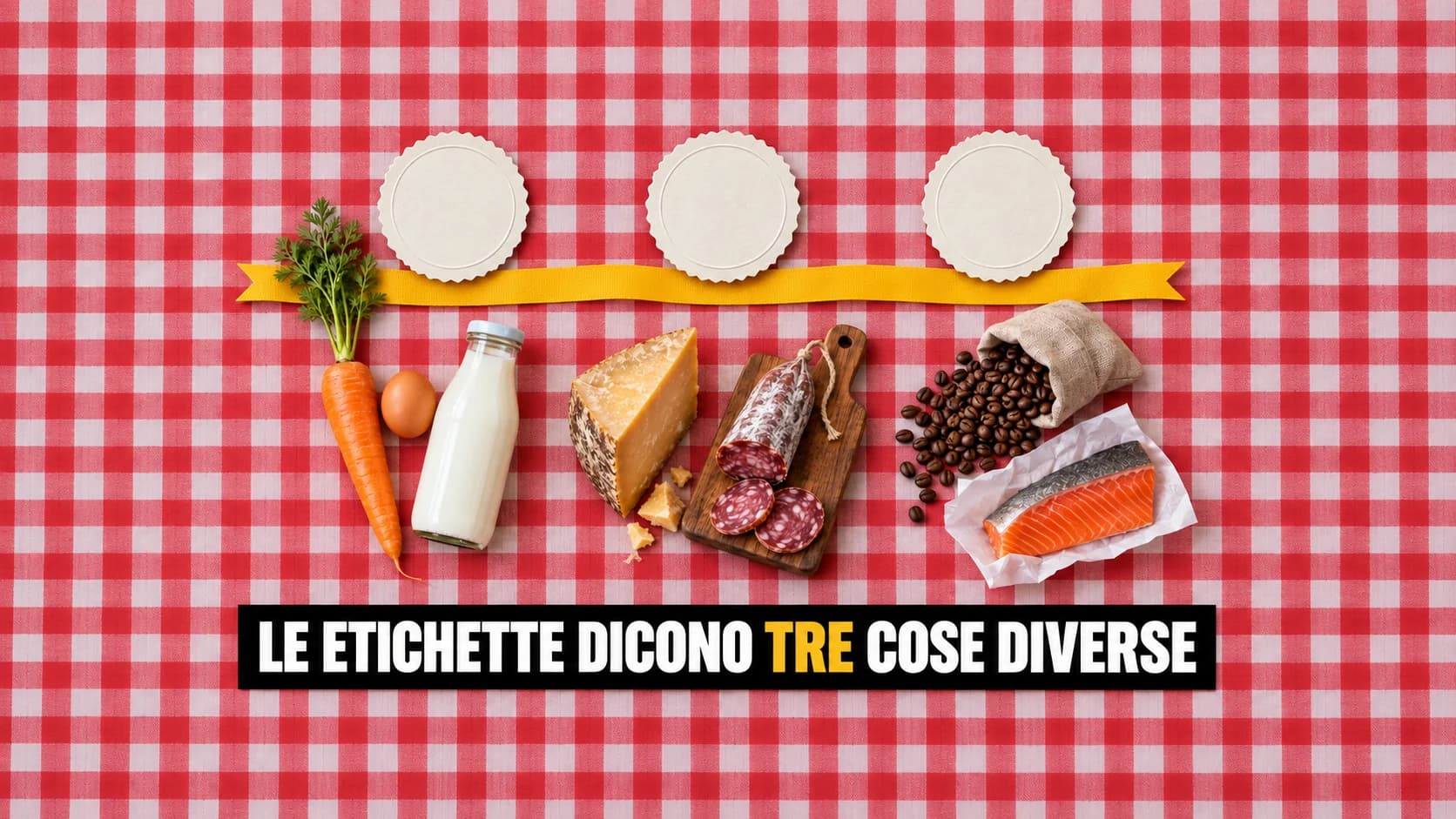 Flat lay su tovaglia a quadri rossi e bianchi con tre colonne di alimenti, ognuna sormontata da un sigillo di carta rotondo e vuoto.