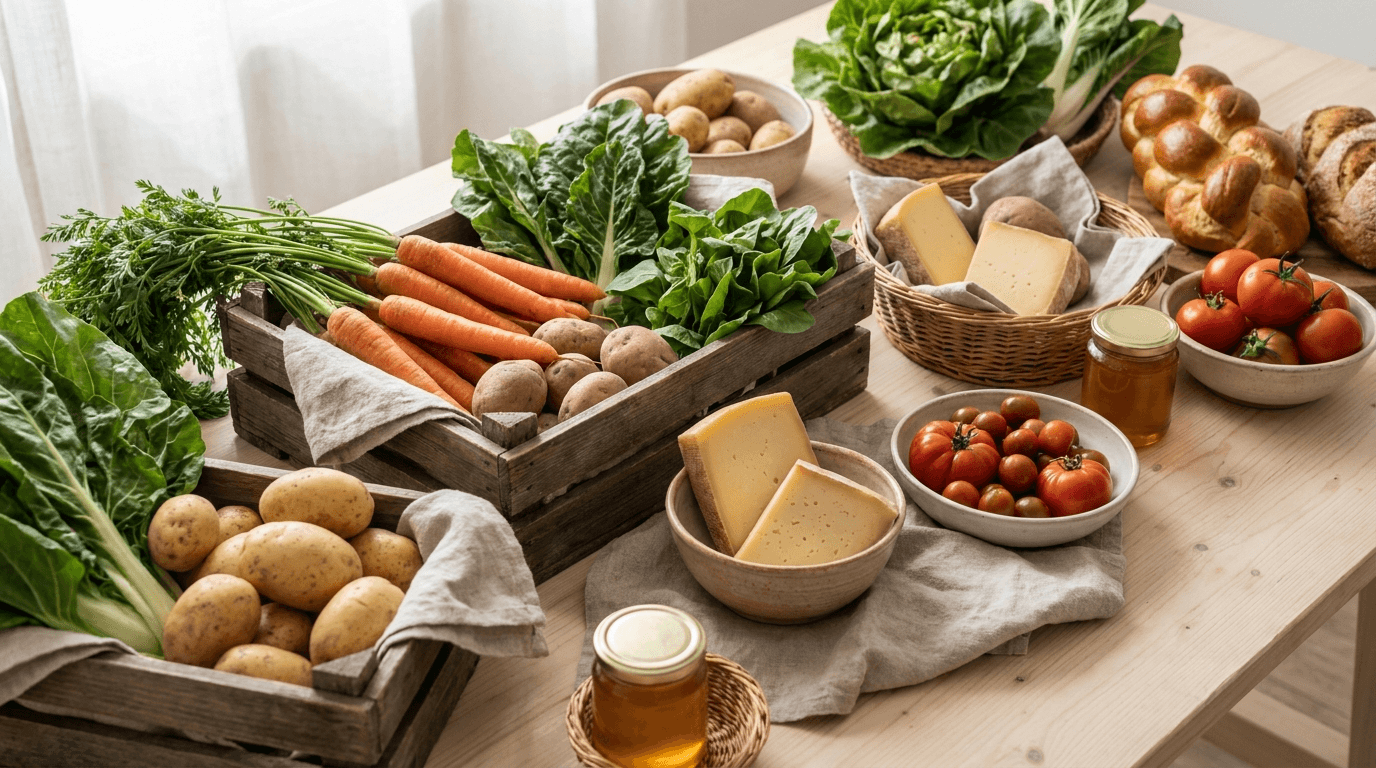 Overview of the main Swiss food labels: Bio Suisse Bud, IP-Suisse ladybird, AOP, IGP, Demeter, M-Check and Fairtrade Max Havelaar.