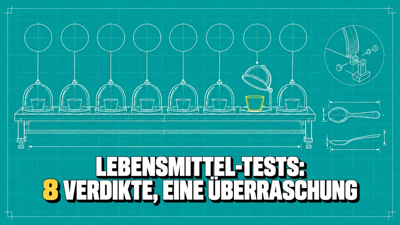 Technische Zeichnung einer Blindverkostung mit acht Hauben, eine davon angehoben.