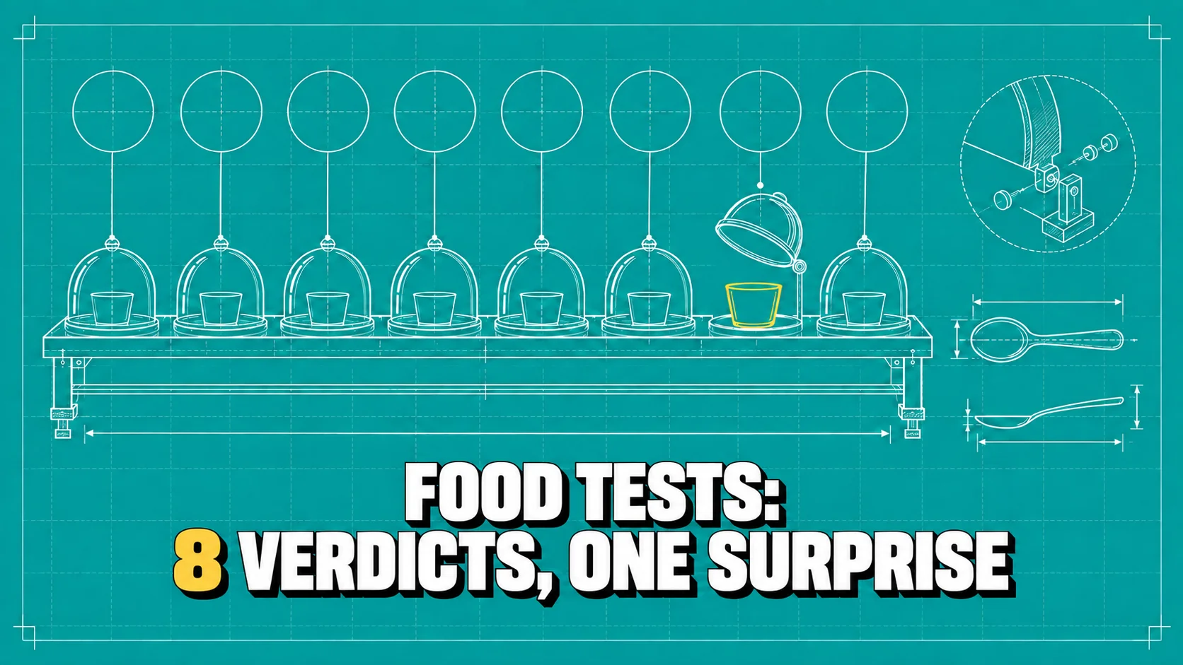 Technical drawing of a blind tasting with eight cloches, one lifted.