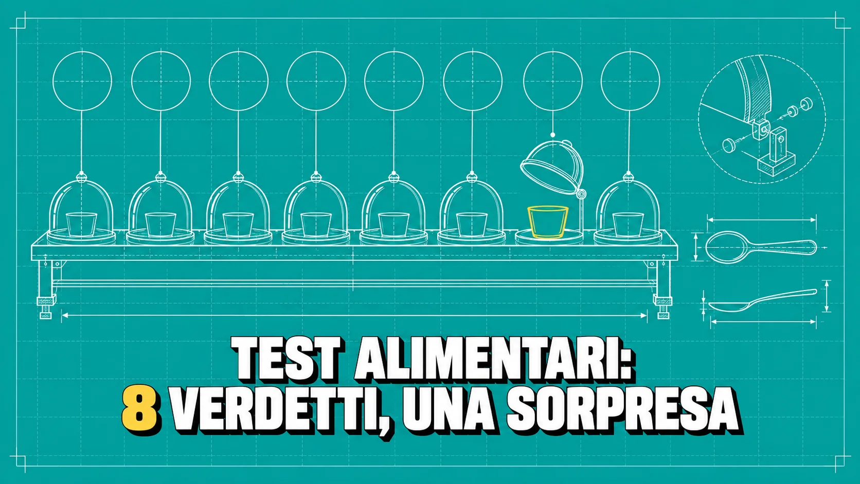 Disegno tecnico bianco su fondo turchese: un banco da degustazione alla cieca con otto coppette sotto campane, una sola campana sollevata