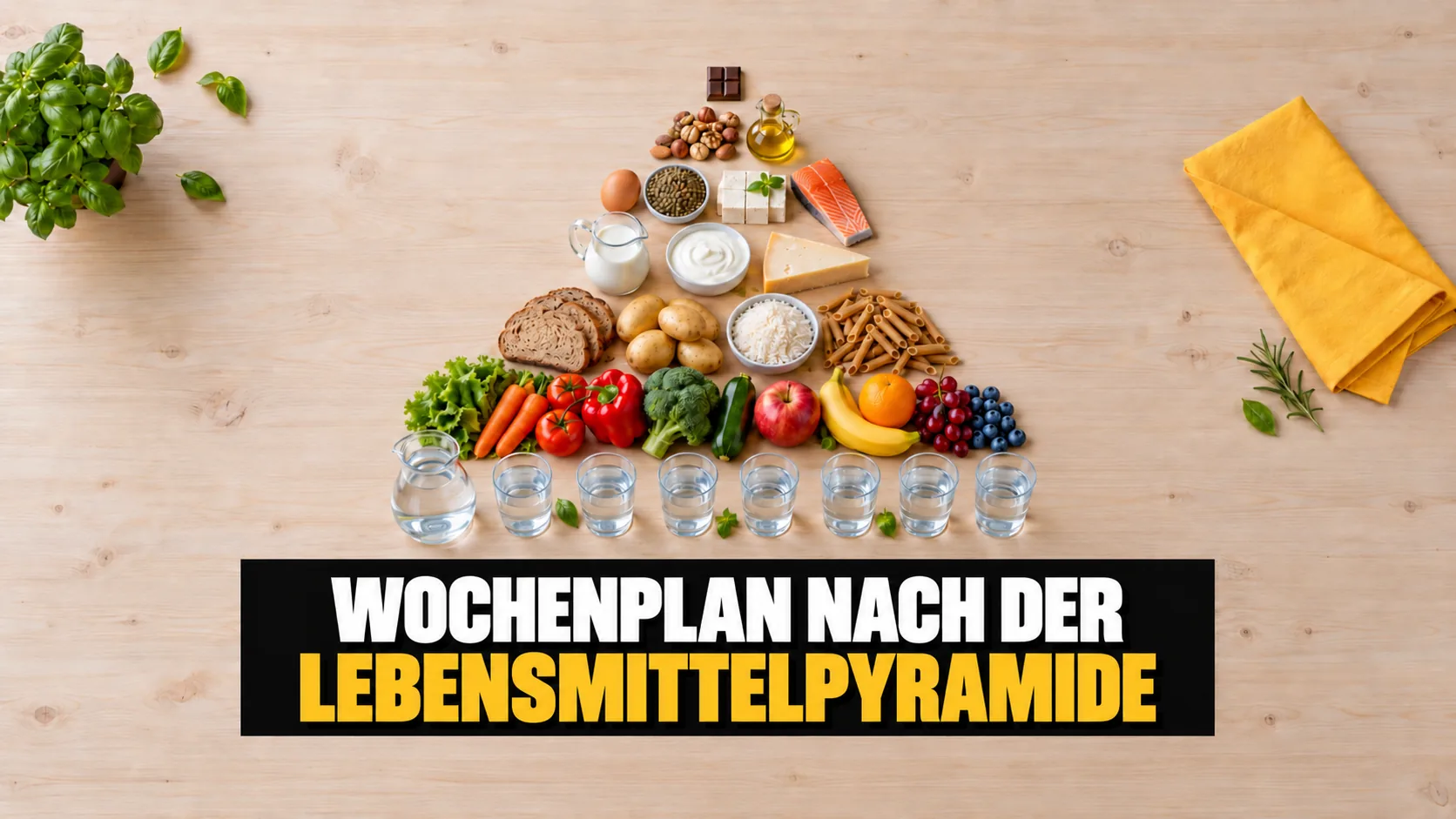 Lebensmittel von oben als Pyramide gelegt: Wasser, Gemüse und Früchte, Getreide, Milchprodukte, Proteine, Nüsse und Öl