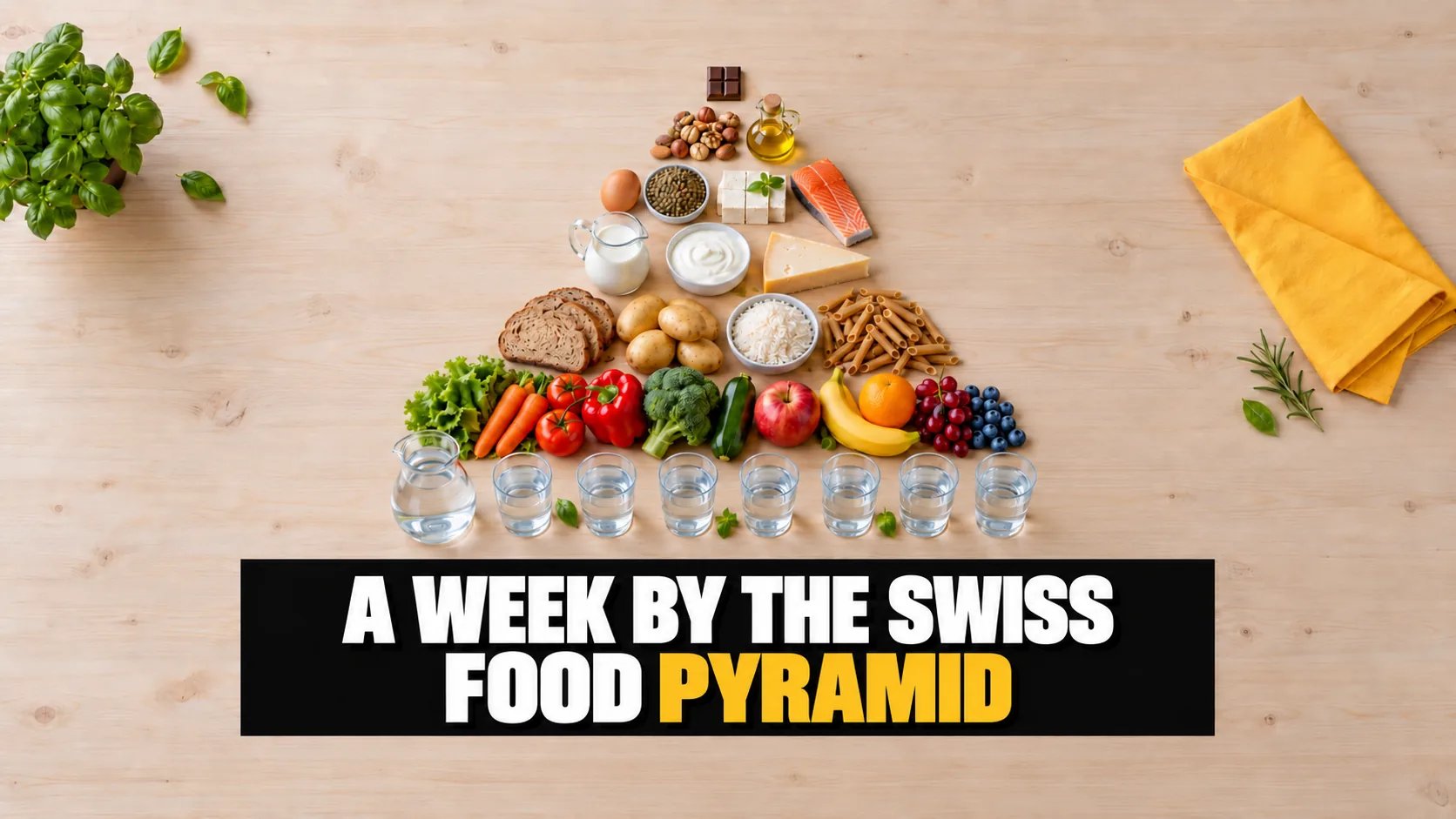 Foods laid out from above in a pyramid: water, vegetables and fruit, grains, dairy, proteins, nuts and oil