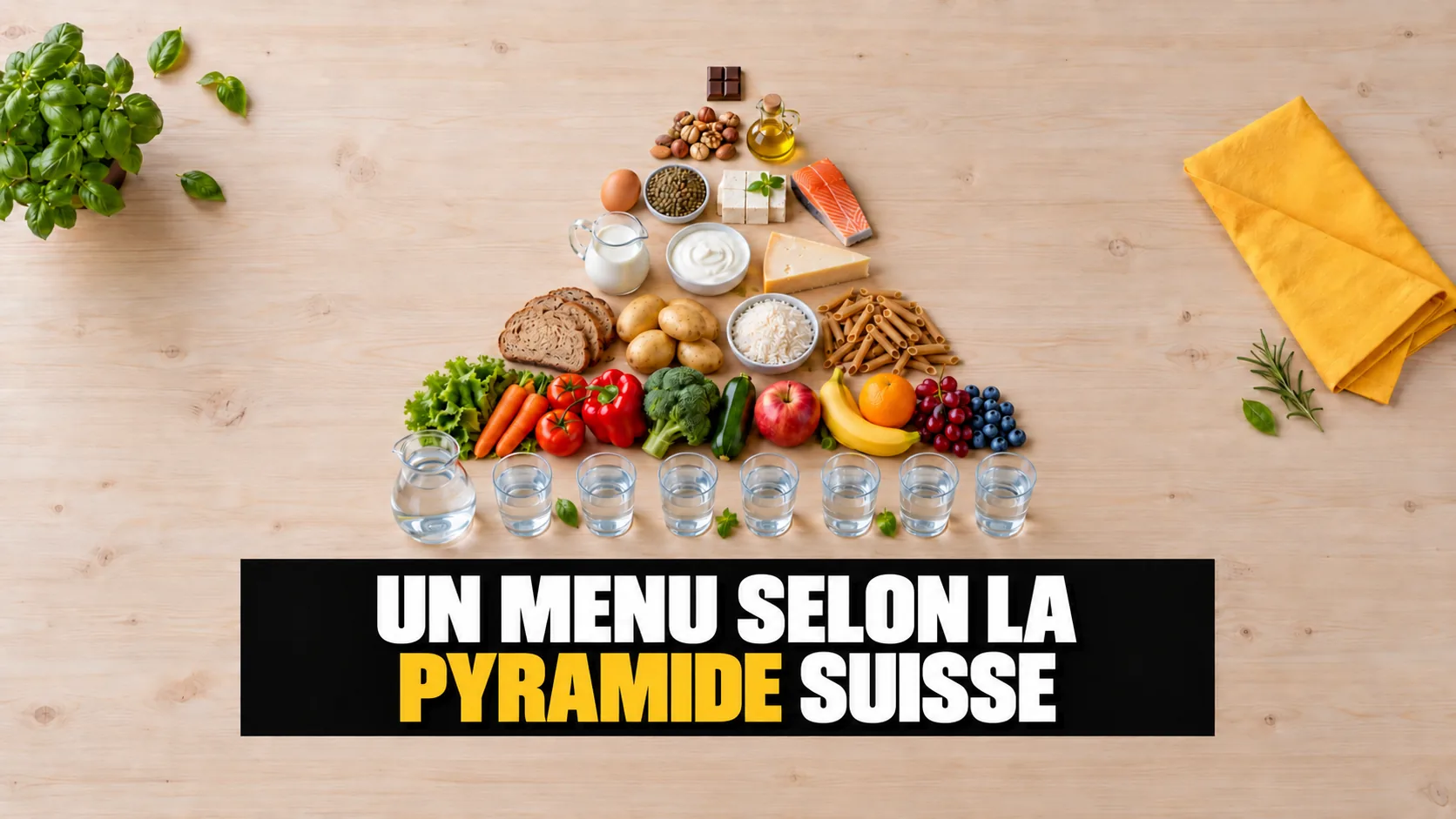 Aliments disposés vus du dessus en forme de pyramide : eau, légumes et fruits, céréales, produits laitiers, protéines, noix et huile