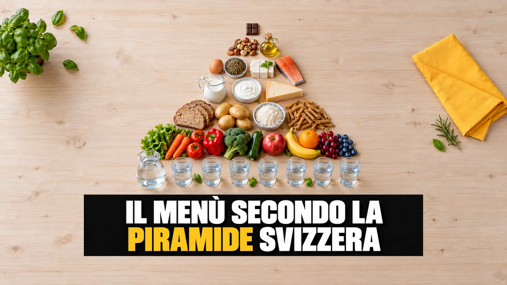 Alimenti disposti dall’alto a forma di piramide: acqua, verdura e frutta, cereali, latticini, proteine, noci e olio