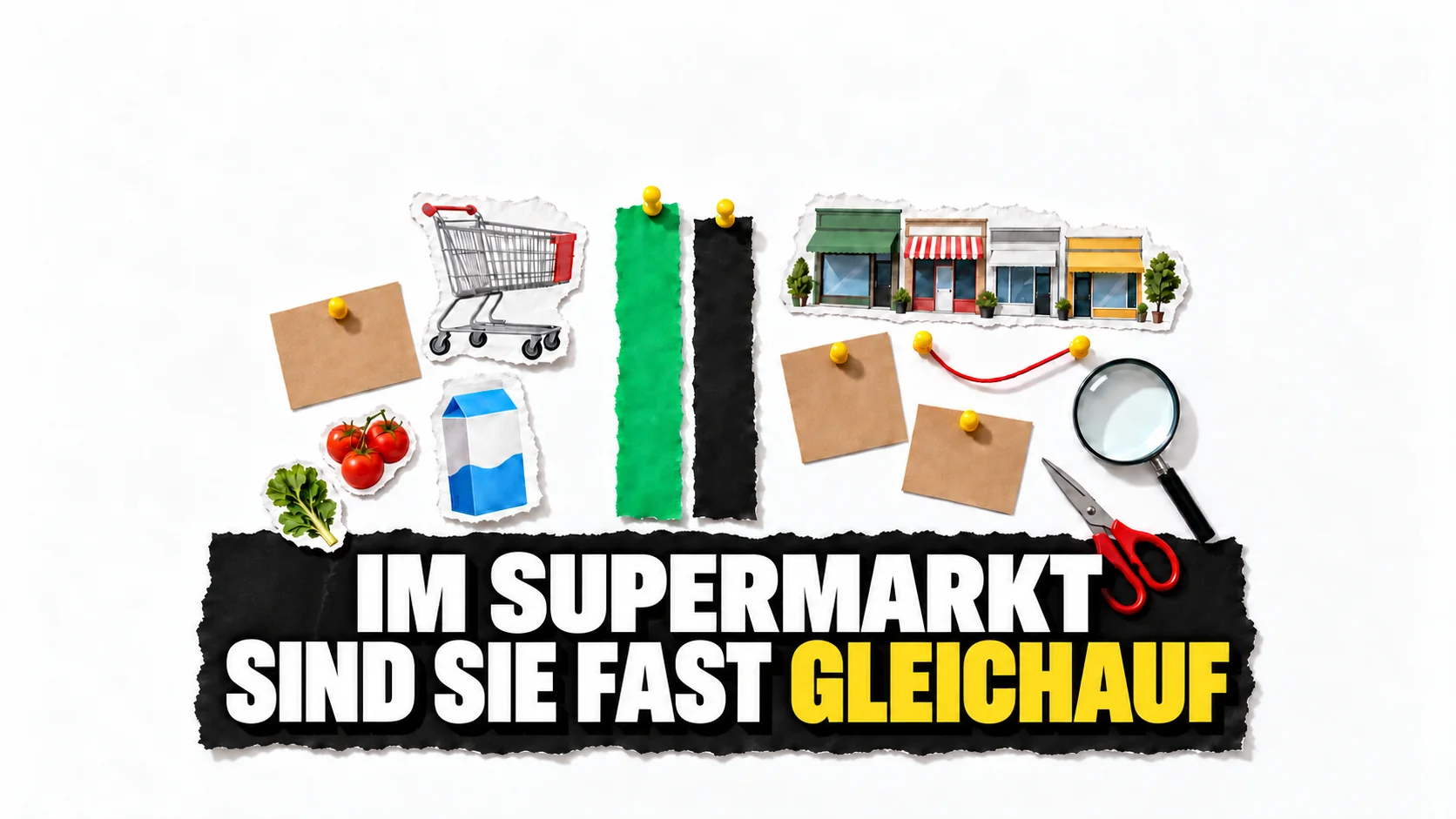 Collage auf weisser Tafel mit zwei fast gleich langen Papierstreifen an gelben Reissnägeln