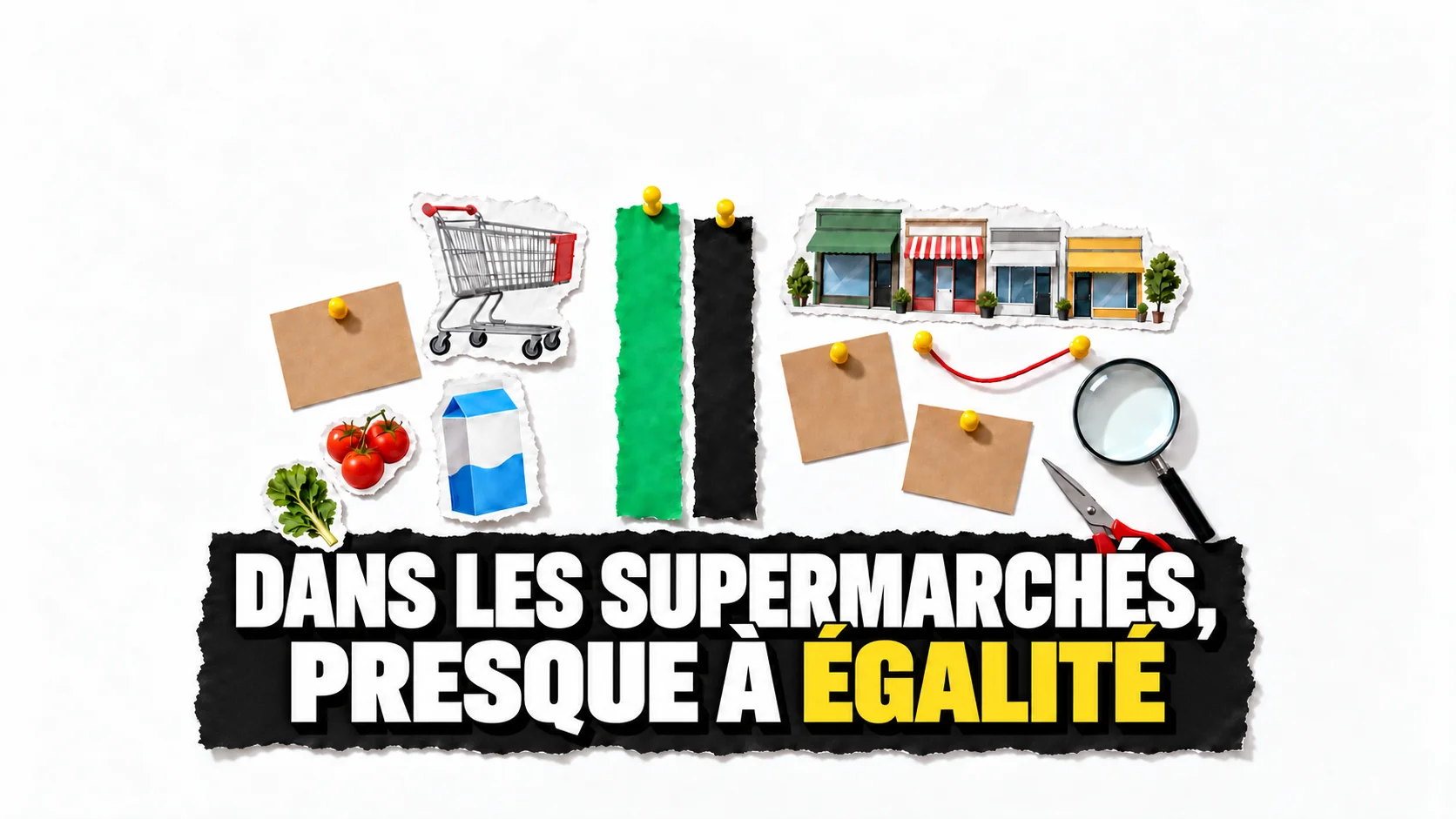 Collage sur panneau blanc : deux bandes de papier presque identiques fixées par des punaises jaunes