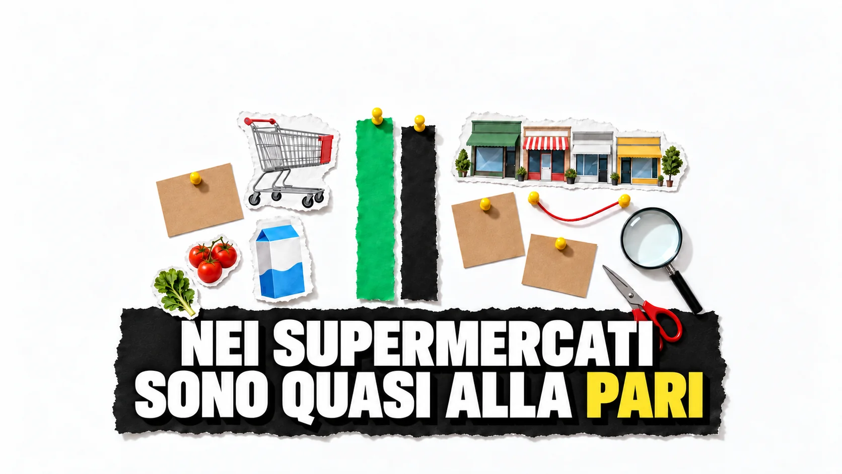 Collage su tavola bianca con due strisce di carta quasi identiche fissate da puntine gialle