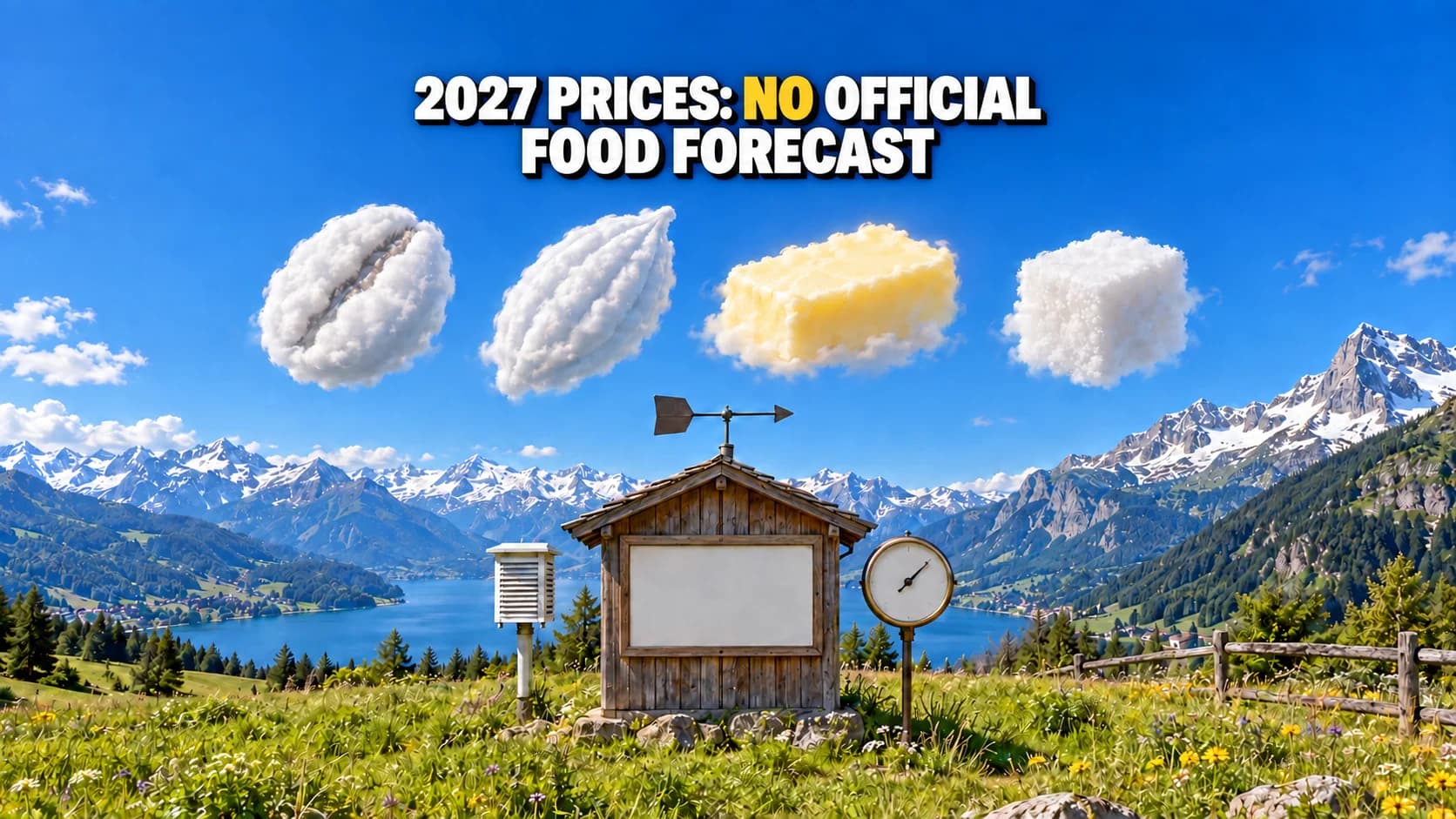 Alpine weather station with clouds shaped like coffee, cocoa, butter and sugar.