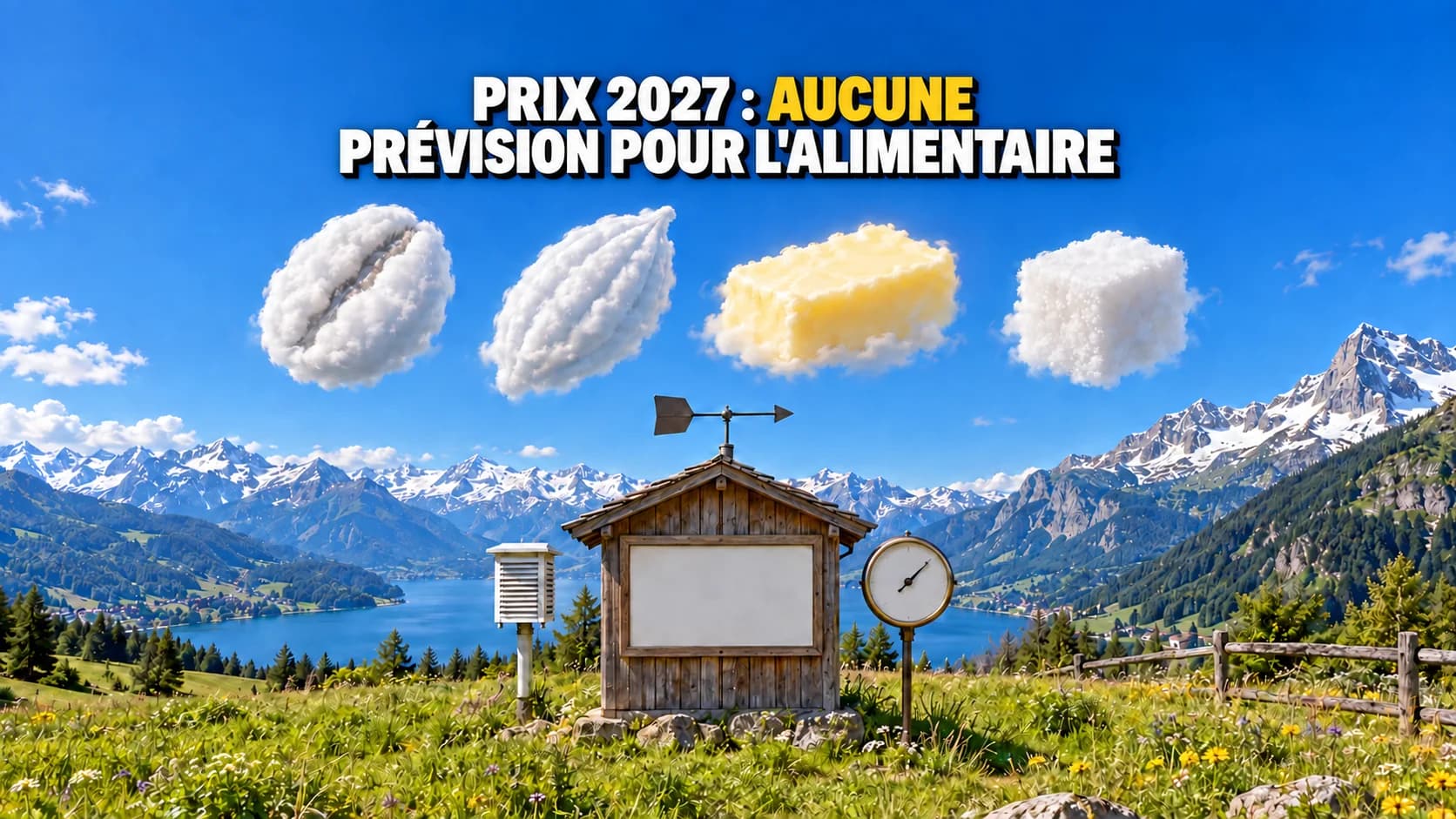 Station météo alpine avec nuages en forme de café, cacao, beurre et sucre.