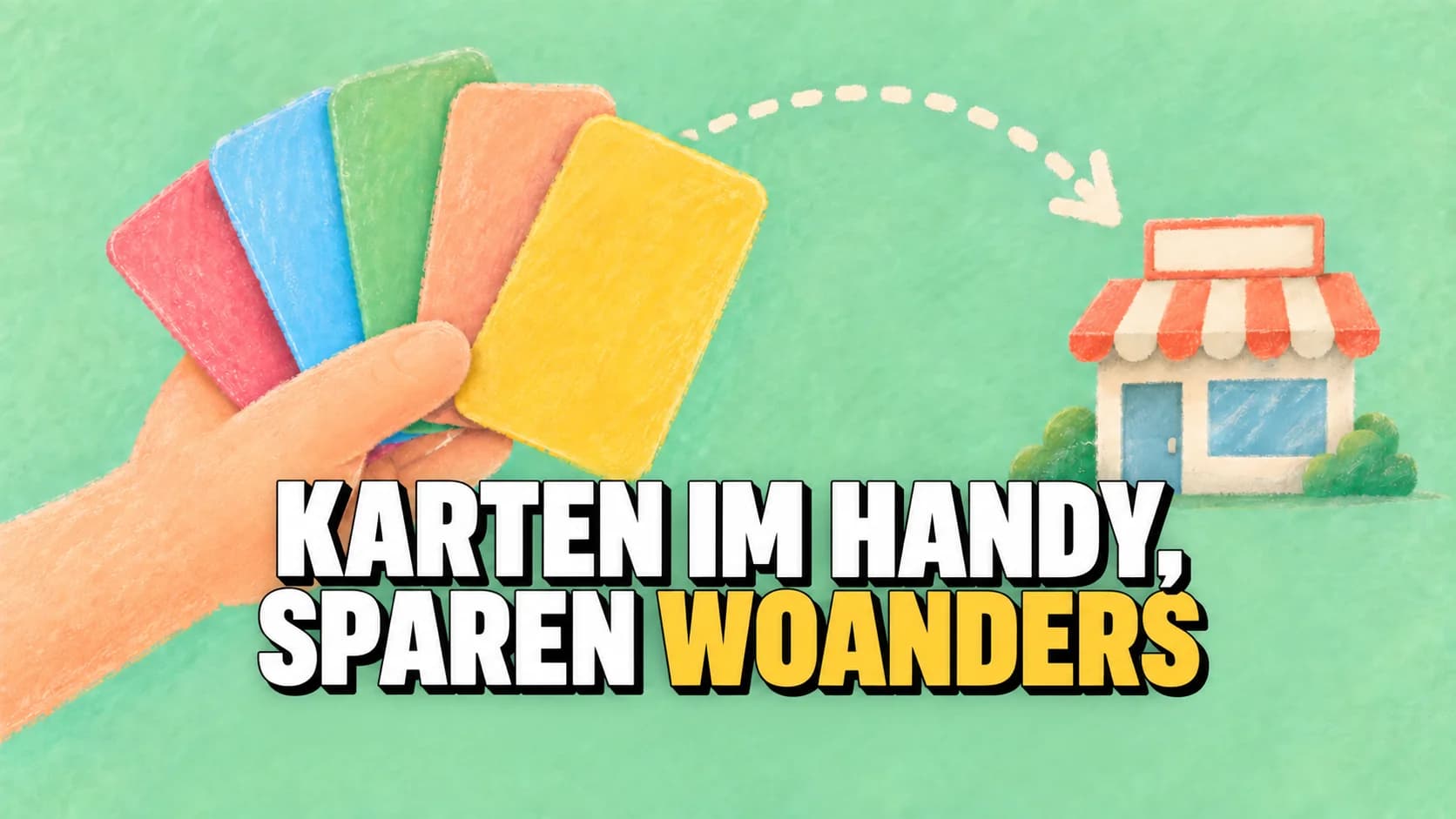 Pastellzeichnung einer Hand mit leeren Karten und einem gepunkteten Pfeil zu einem kleinen Laden.