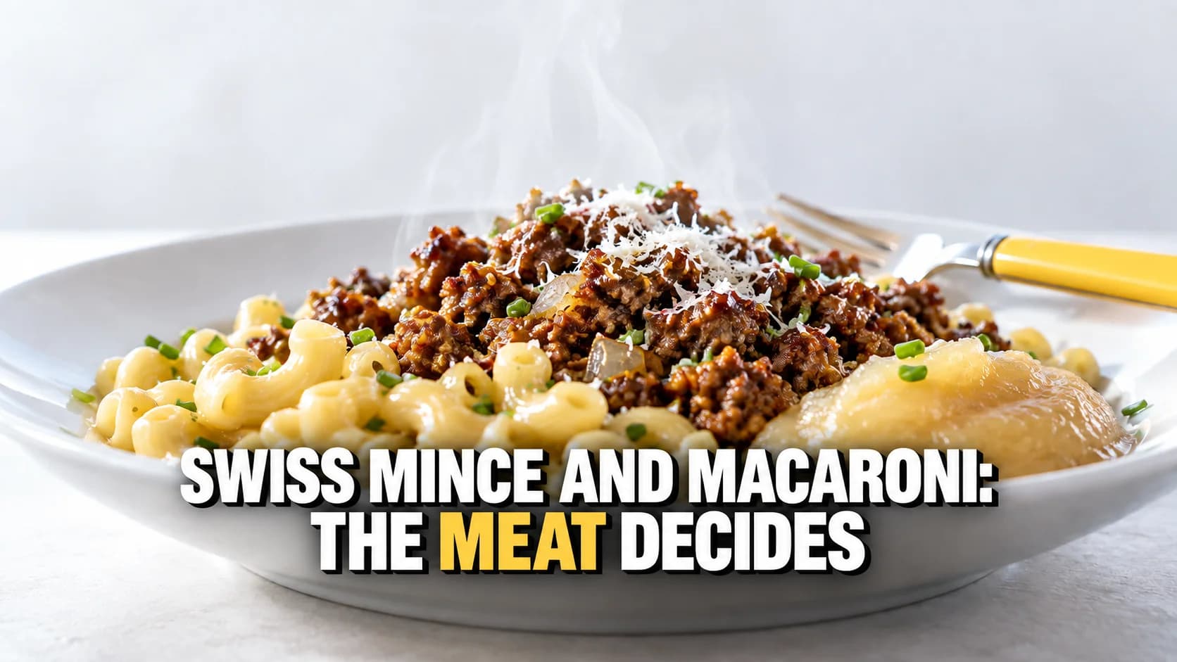 A macro shot of Hörnli macaroni with crisp minced beef and a quenelle of apple sauce