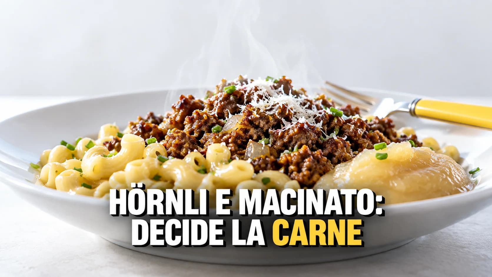 Macro di maccheroni Hörnli con carne macinata croccante e una quenelle di composta di mele
