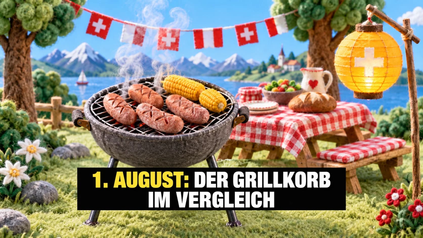 Filzszene mit Grill, eingeschnittenen Würsten, Mais, Fähnchen und gelber Laterne.