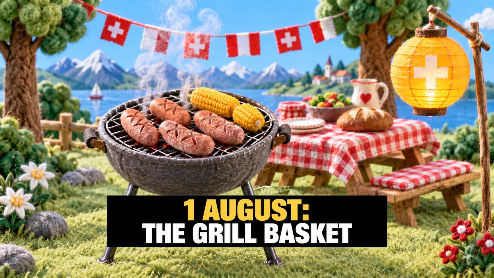 Felt scene with a grill, scored sausages, corn, bunting and a yellow lantern.