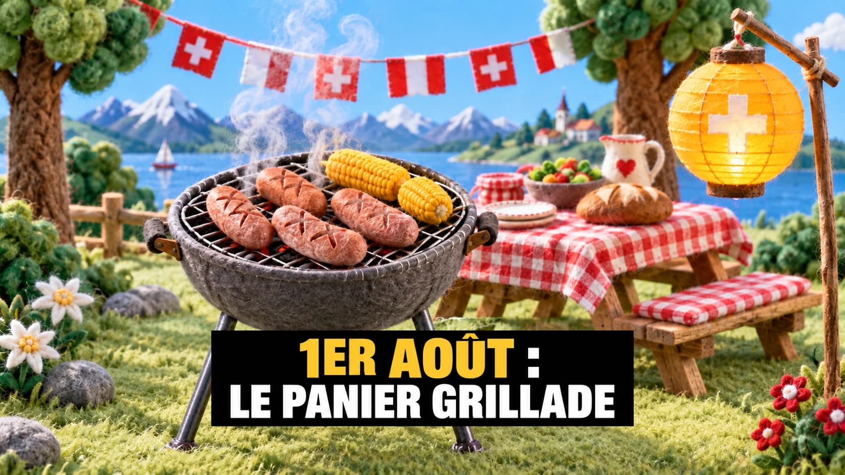 Scène en feutre avec gril, saucisses incisées, maïs, fanions et lanterne jaune.