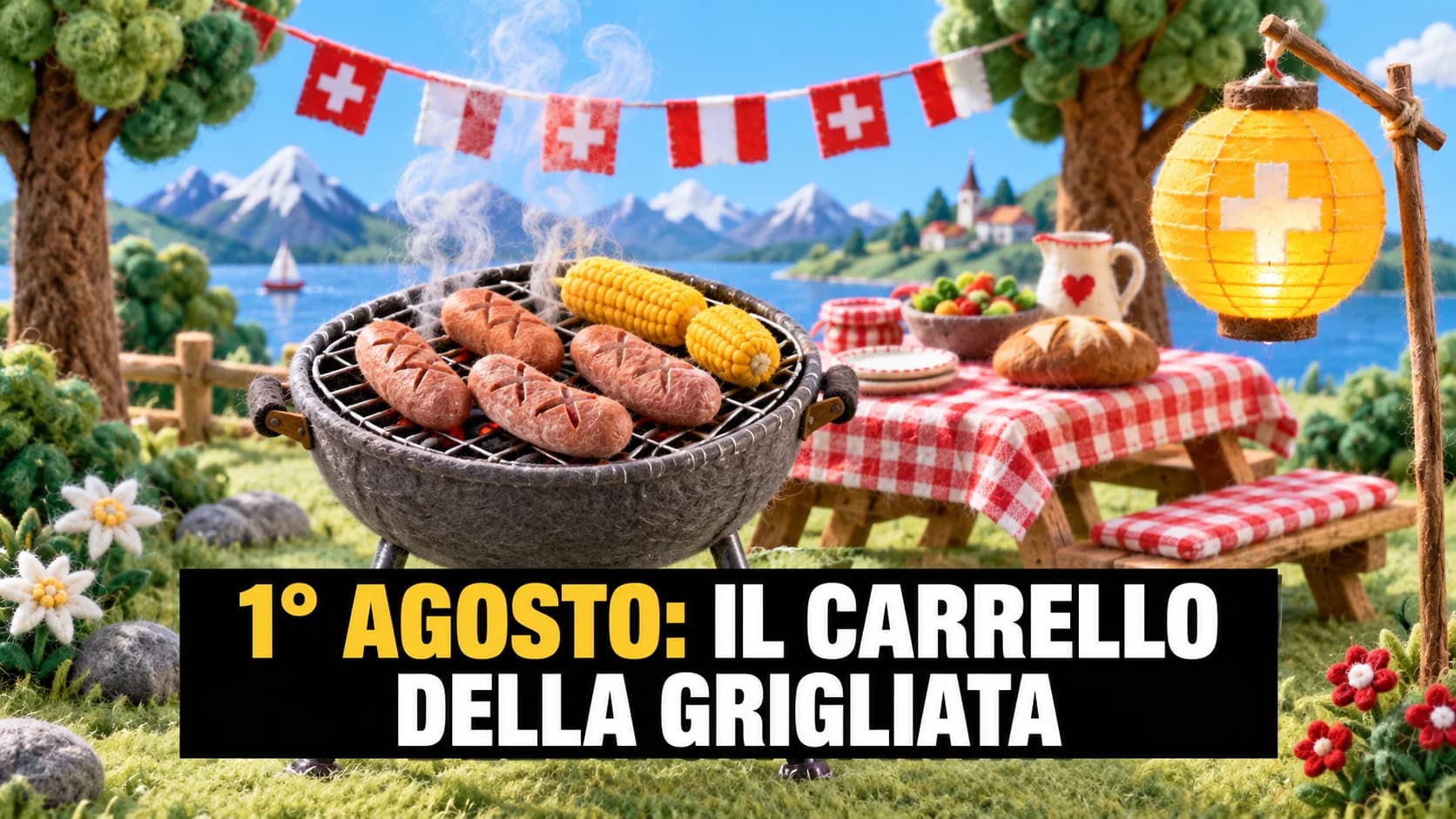 Scena in feltro con una griglia, salsicce incise a croce, pannocchie, ghirlanda di bandierine e una lanterna gialla accesa