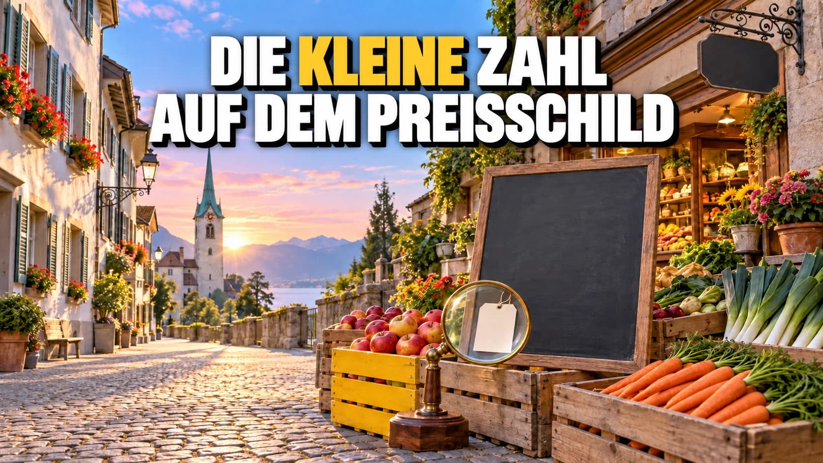 Schweizer Ladenstrasse im Morgenlicht mit leerer Preistafel und Lupe über einem kleinen Schild.
