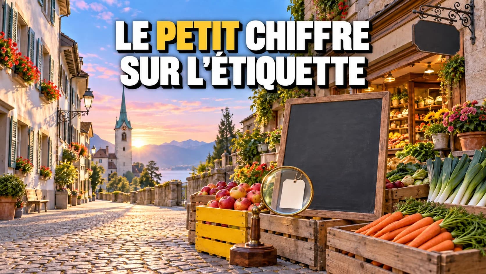 Rue commerçante suisse au matin avec tableau vierge et loupe sur une petite étiquette.