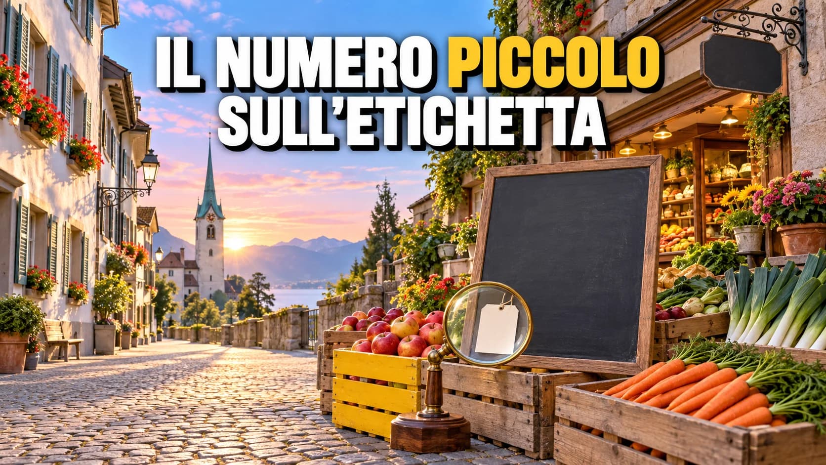 Strada svizzera al mattino dorato con casse di frutta e verdura davanti a un negozio, una grande lavagna prezzi vuota e una lente d’ingrandimento puntata su un minuscolo cartellino bianco