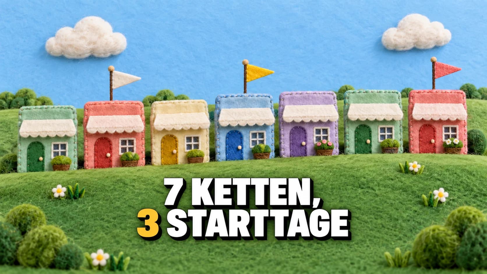 Sieben kleine Filzläden auf einem grünen Hügel, drei davon mit Dachfähnchen.