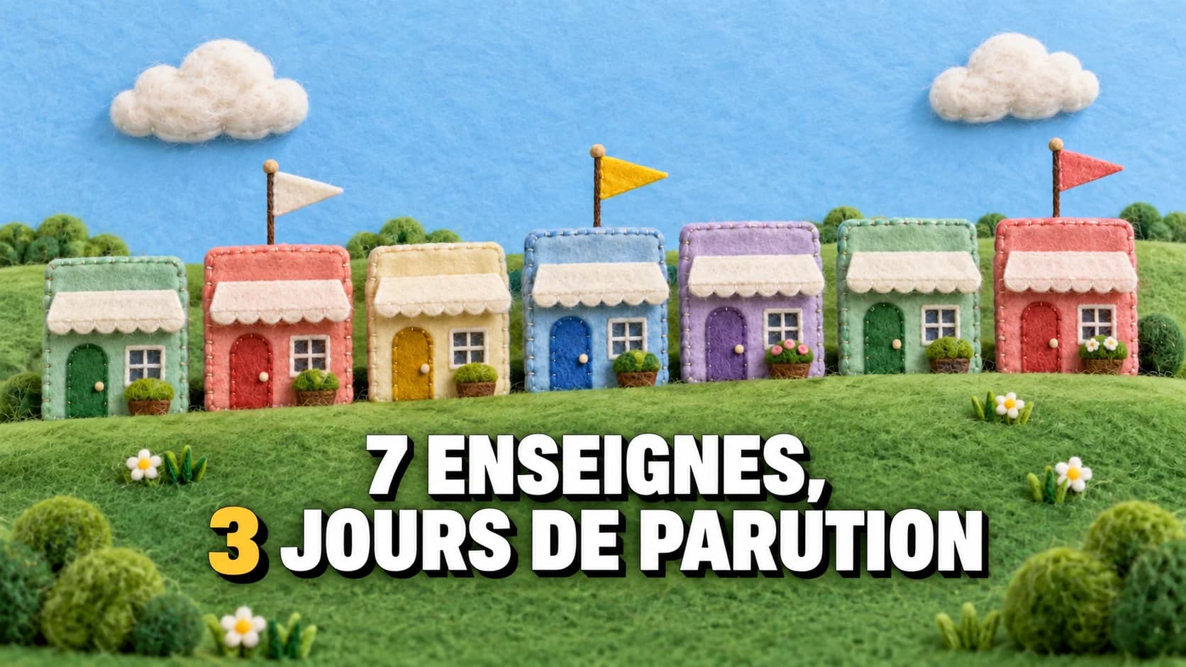 Sept petites boutiques en feutre sur une colline verte, dont trois avec un fanion.