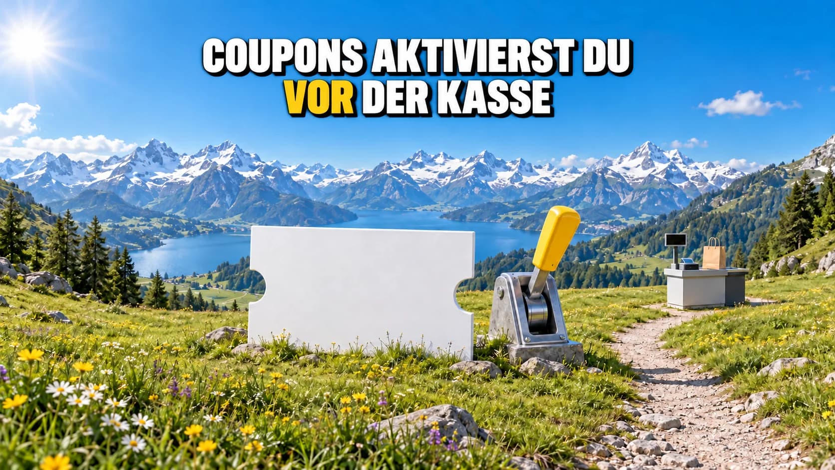 Weisser Gutschein mit gelbem Hebel an einem Alpenpfad zu einer Kasse.
