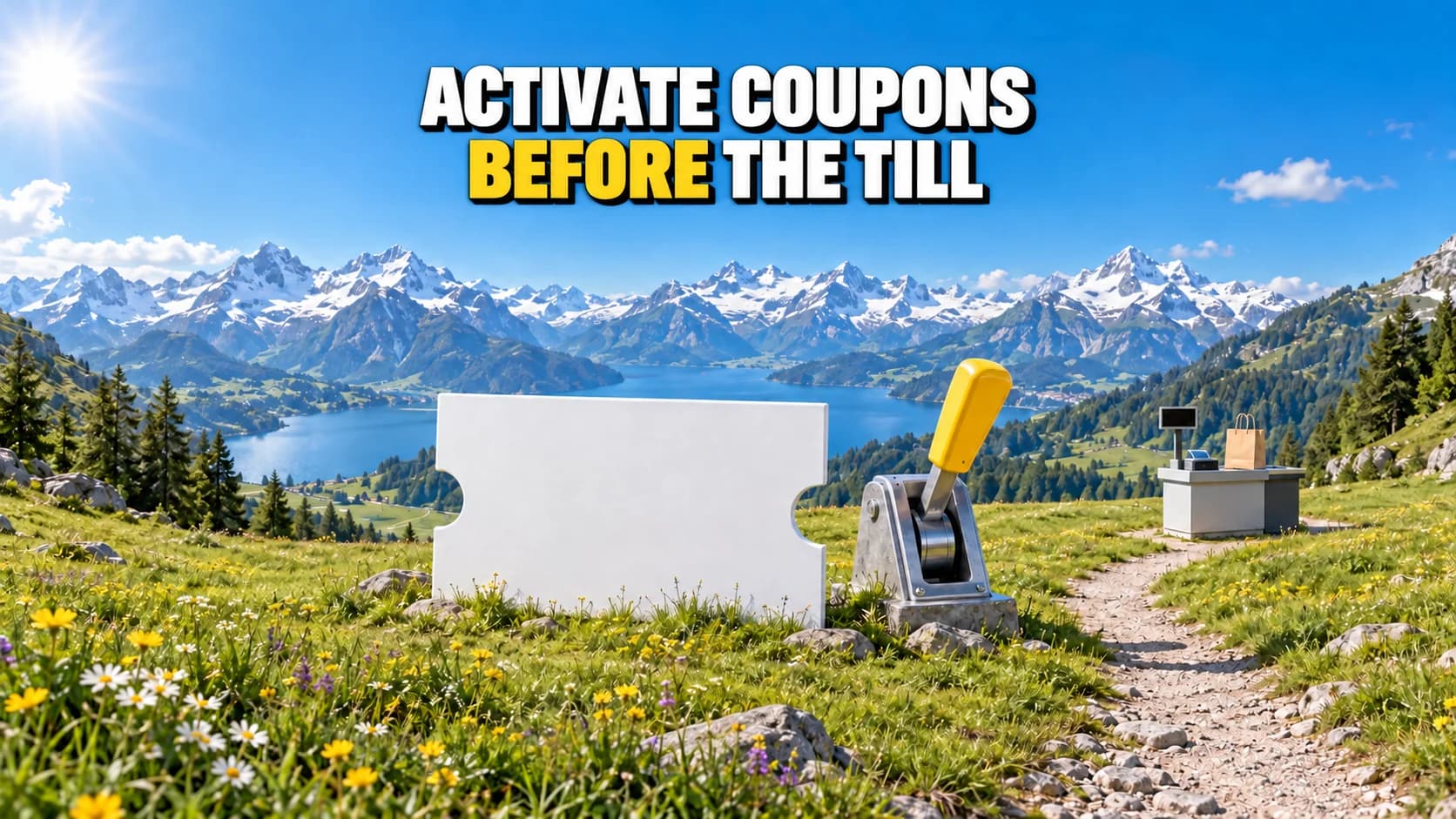 White ticket with a yellow lever on an Alpine path leading to a checkout.
