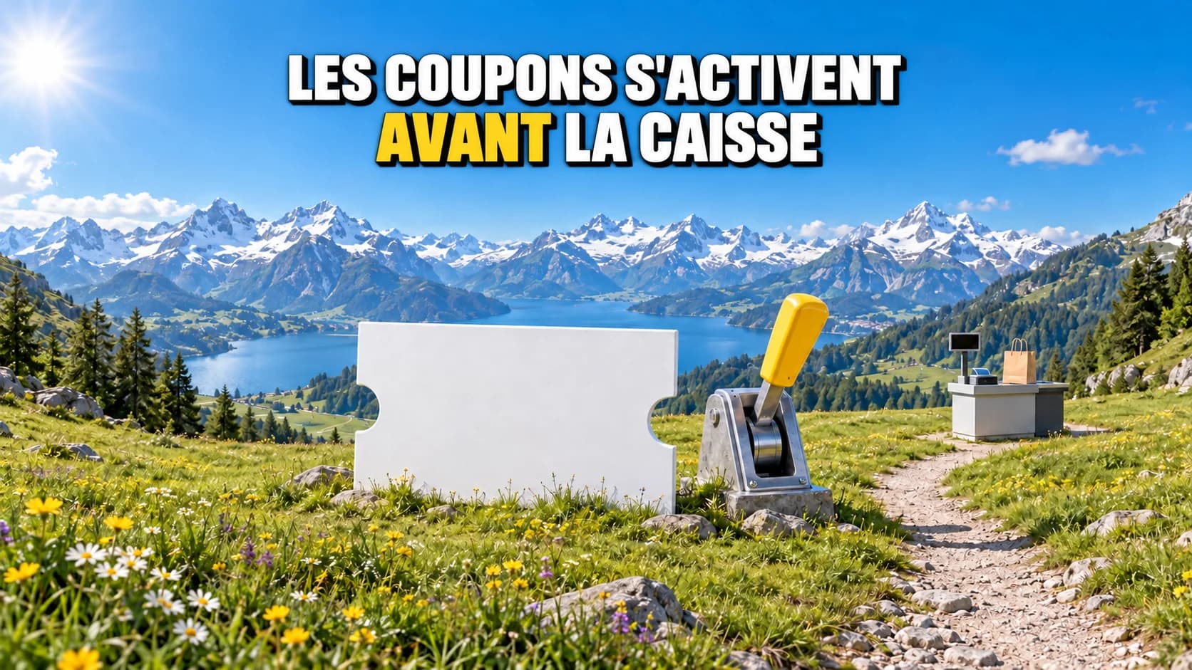 Billet blanc avec levier jaune sur un sentier alpin menant à une caisse.