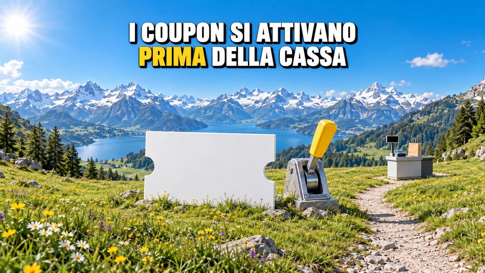 Biglietto bianco con leva gialla lungo un sentiero alpino verso una cassa.