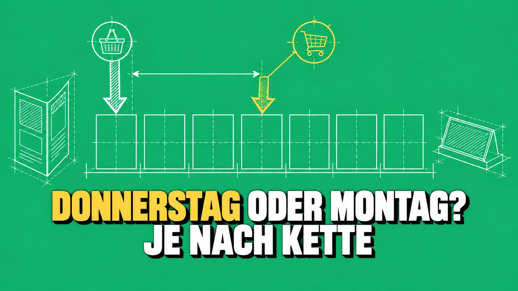Weisse technische Zeichnung von sieben leeren Tagesfeldern mit zwei unterschiedlichen Startpfeilen.