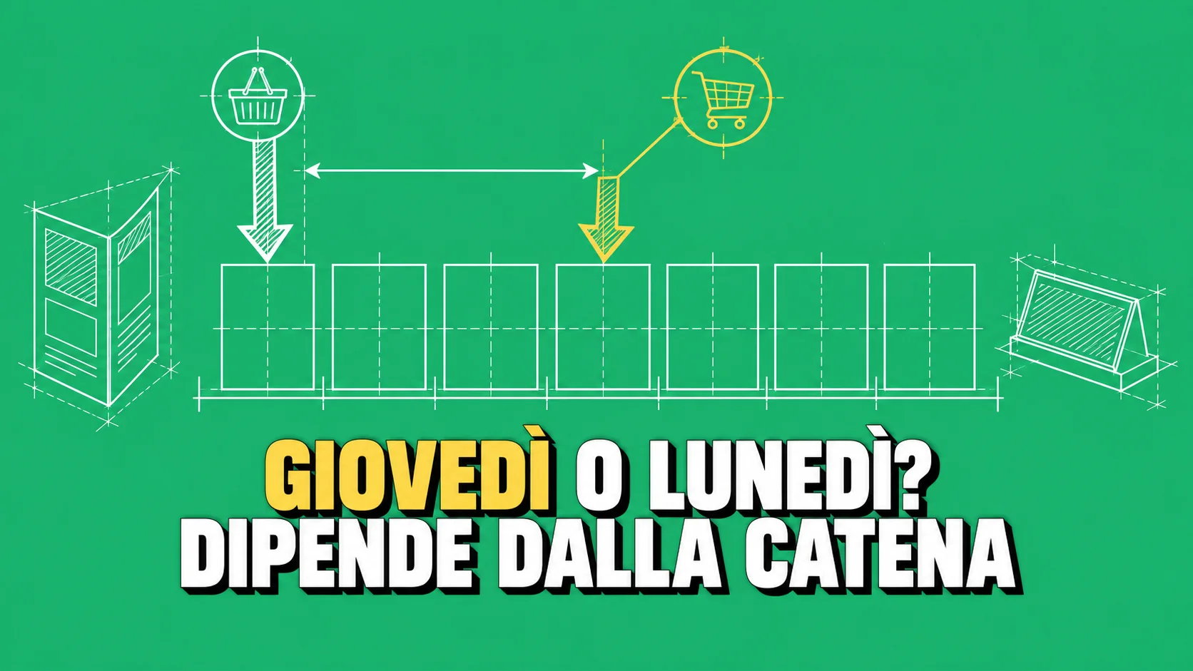 Disegno tecnico bianco su fondo verde: una settimana in sette caselle vuote con due frecce di partenza che cadono su due caselle diverse