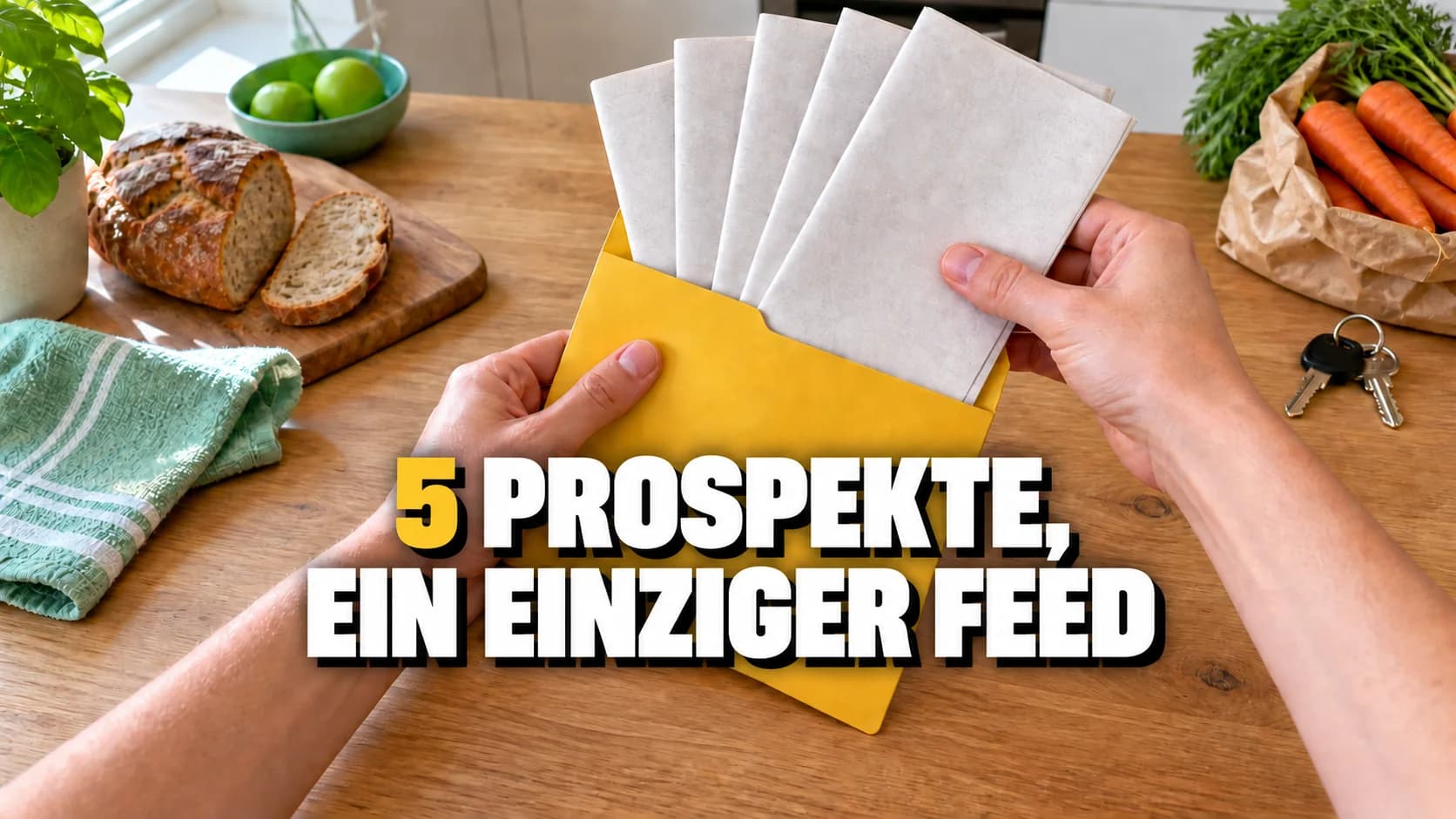 Zwei Hände stecken fünf leere Faltblätter in eine gelbe Mappe auf einer Küchenfläche.