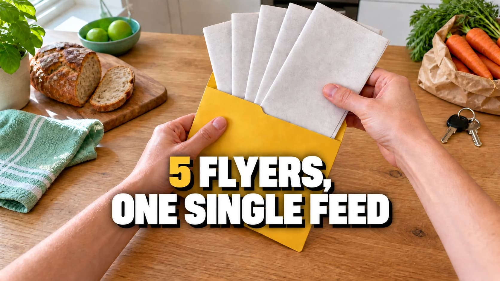 Two hands placing five blank leaflets in a yellow folder on a kitchen counter.
