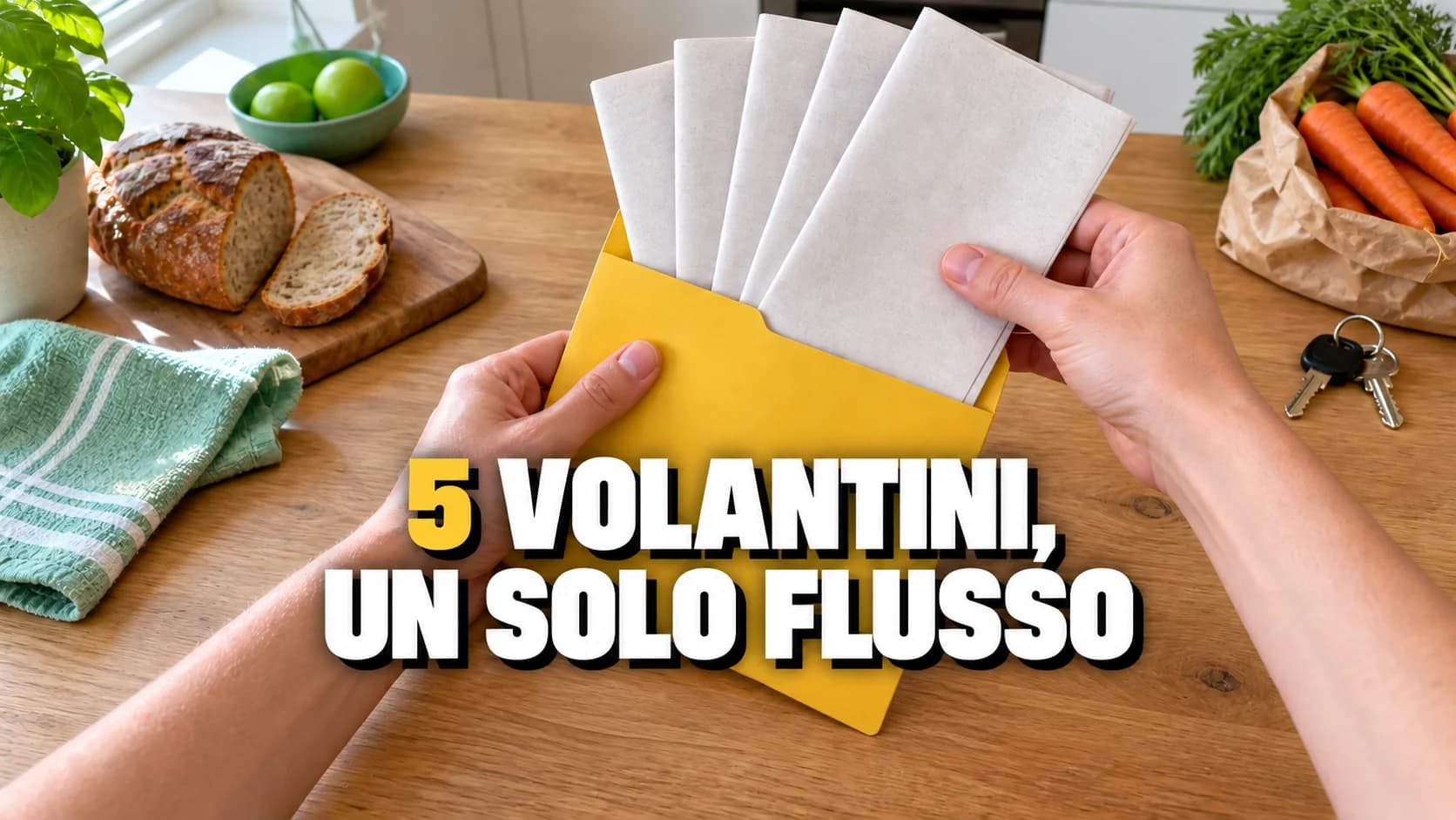 Vista in prima persona: due mani infilano cinque volantini di carta completamente bianca in una cartellina gialla sul piano della cucina.