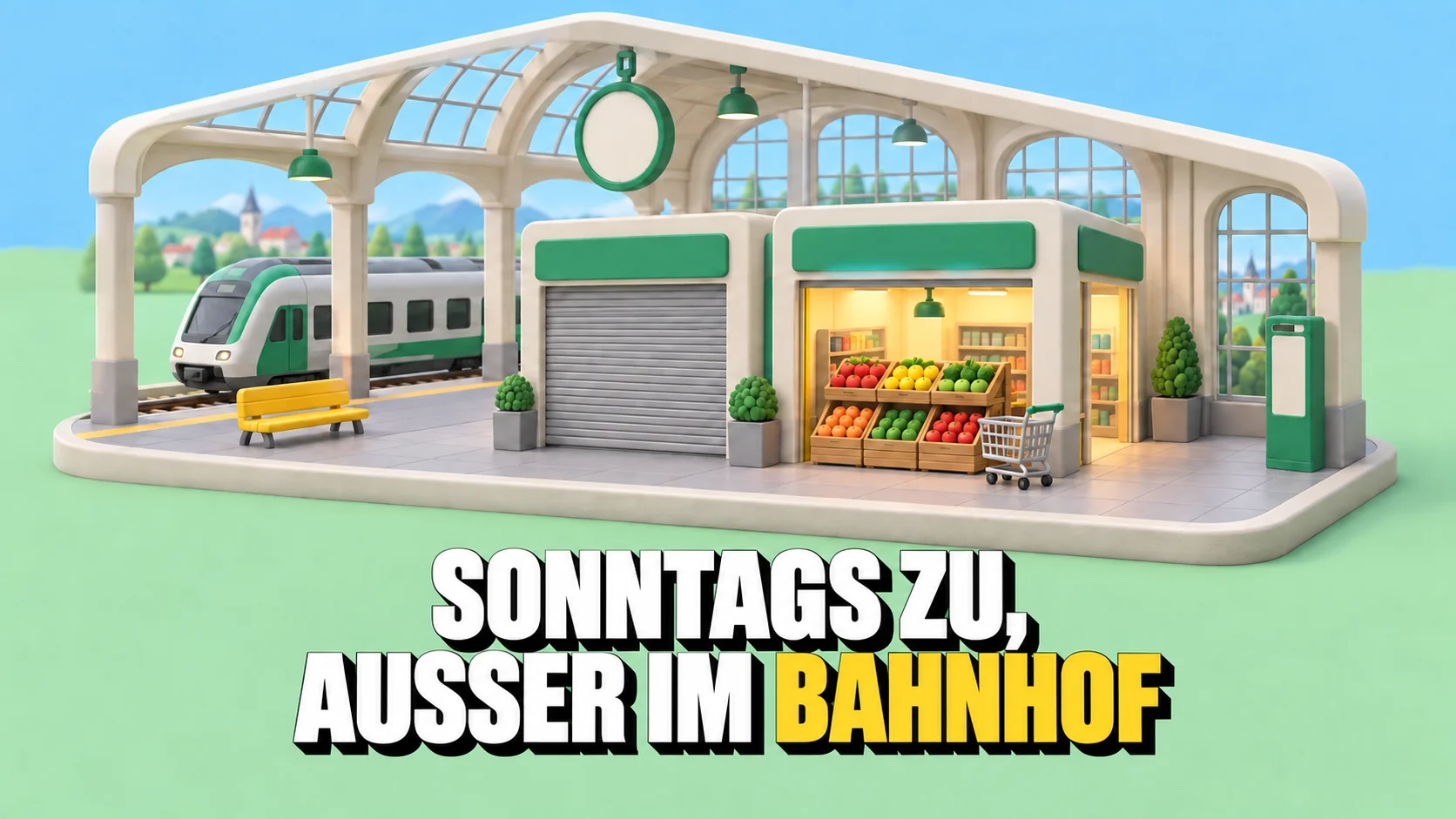 Isometrischer Miniaturbahnhof mit einem geschlossenen und einem beleuchteten Laden.