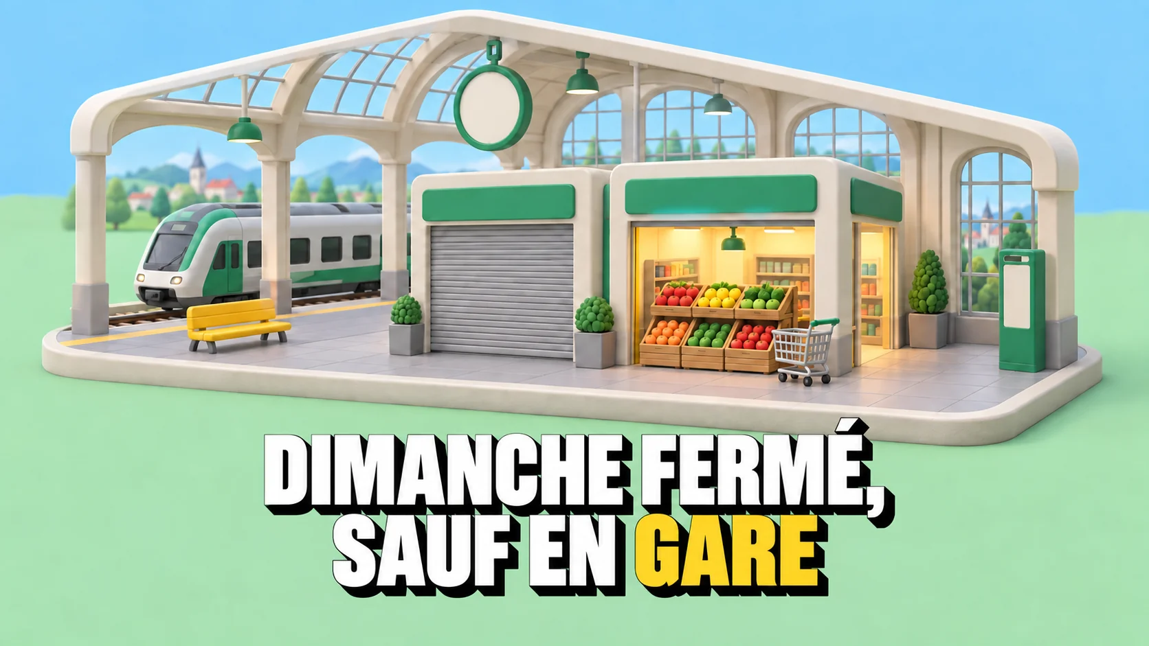 Gare miniature isométrique avec une boutique fermée et une boutique éclairée.