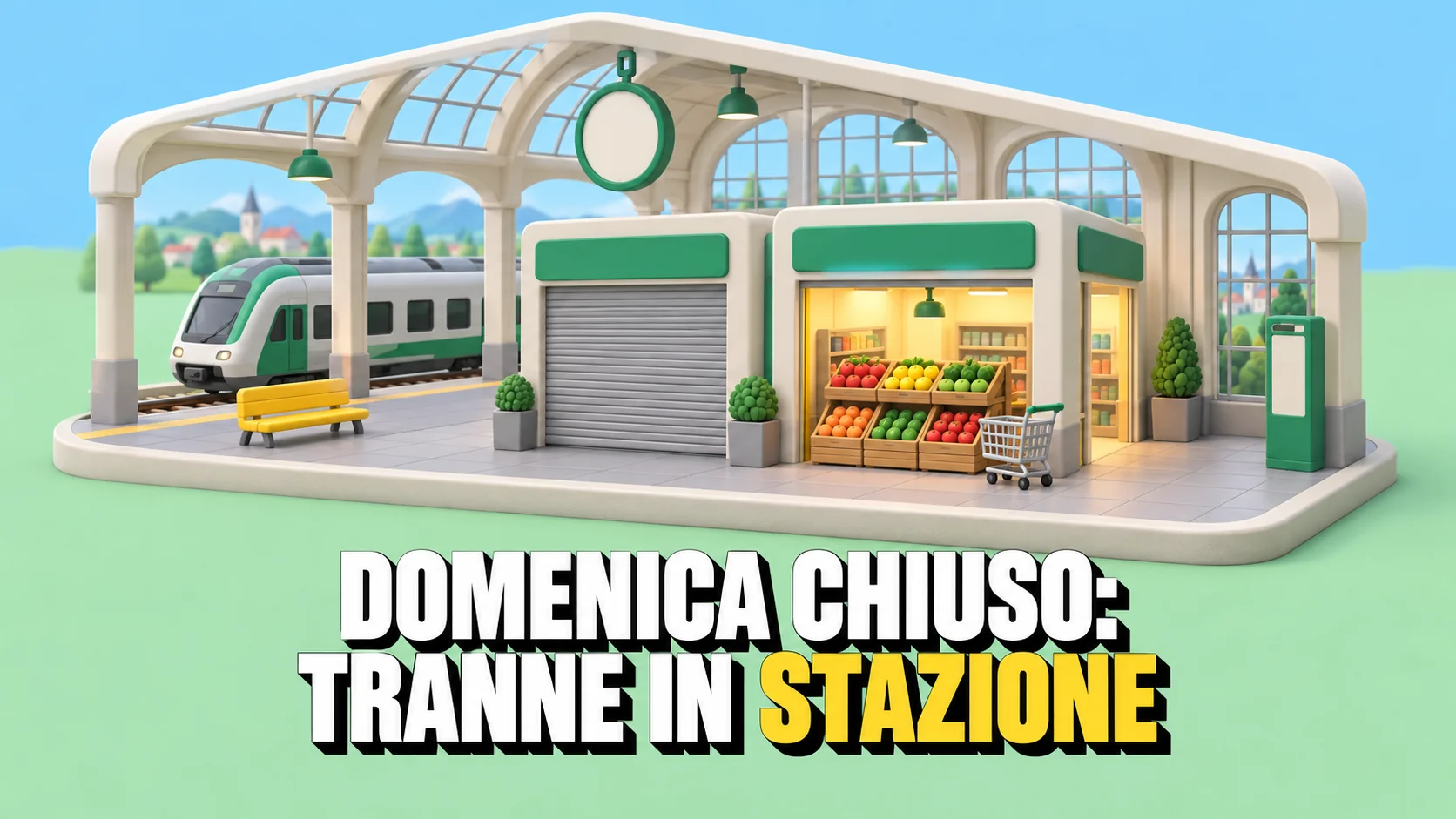 Diorama isometrico di una stazione in miniatura con due negozietti, uno con la saracinesca abbassata e uno illuminato.