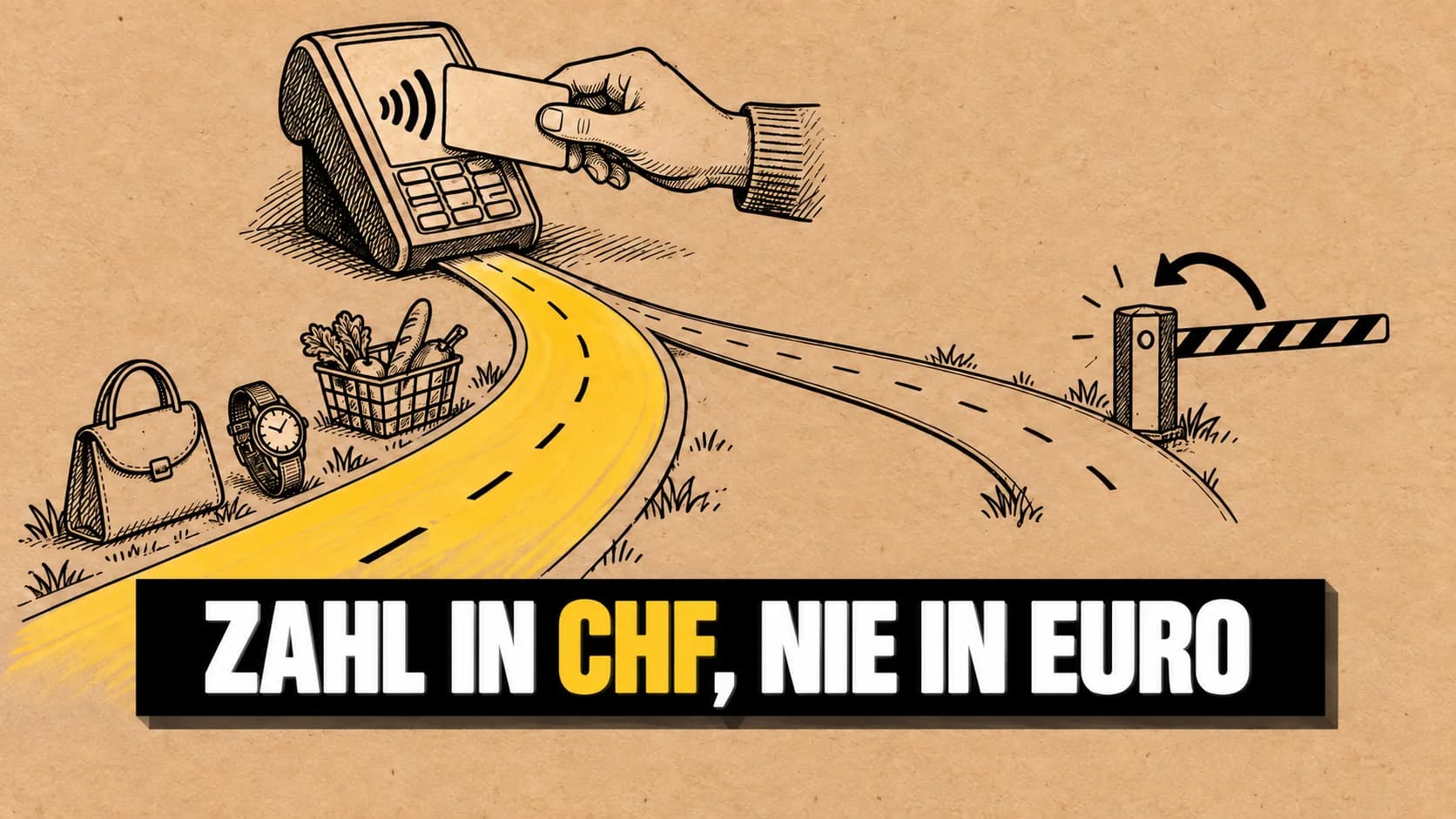 Tuschezeichnung eines Kartenterminals mit zwei Wegen: einer offen, einer durch eine Schranke gesperrt.