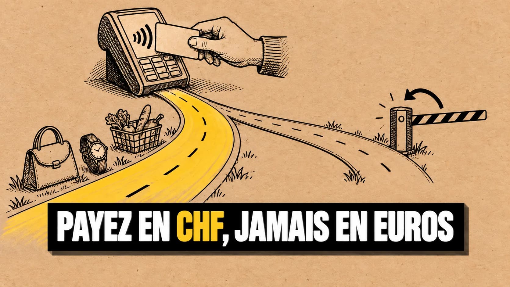 Terminal de paiement dessiné à l’encre avec deux voies, l’une ouverte et l’autre barrée.