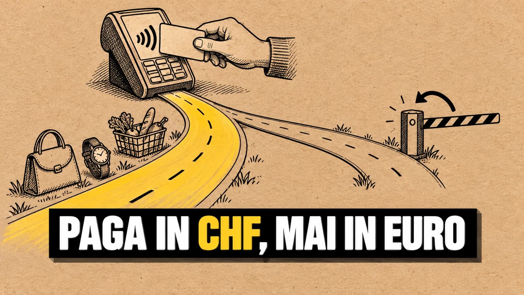 Disegno a inchiostro su carta kraft: un terminale di pagamento con una mano che avvicina una carta e due strade che si biforcano, una aperta e evidenziata in giallo, l’altra chiusa da una sbarra