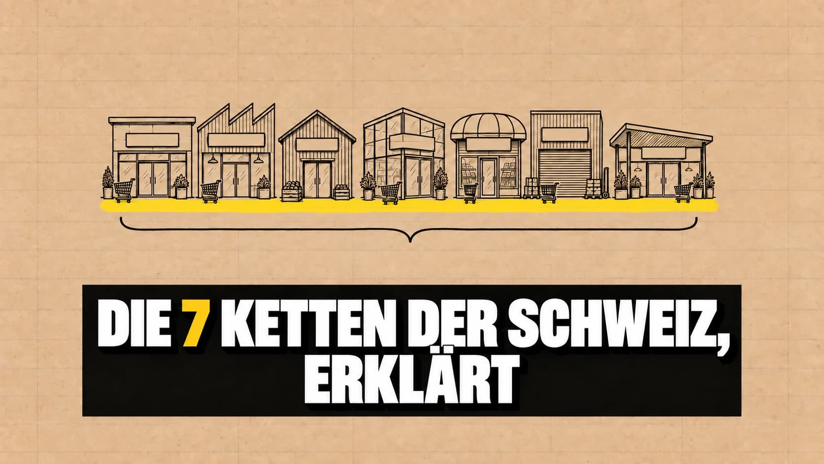 Sieben unterschiedliche Ladenfronten mit leeren Schildern, in Tusche auf Kraftpapier mit gelber Unterstreichung.