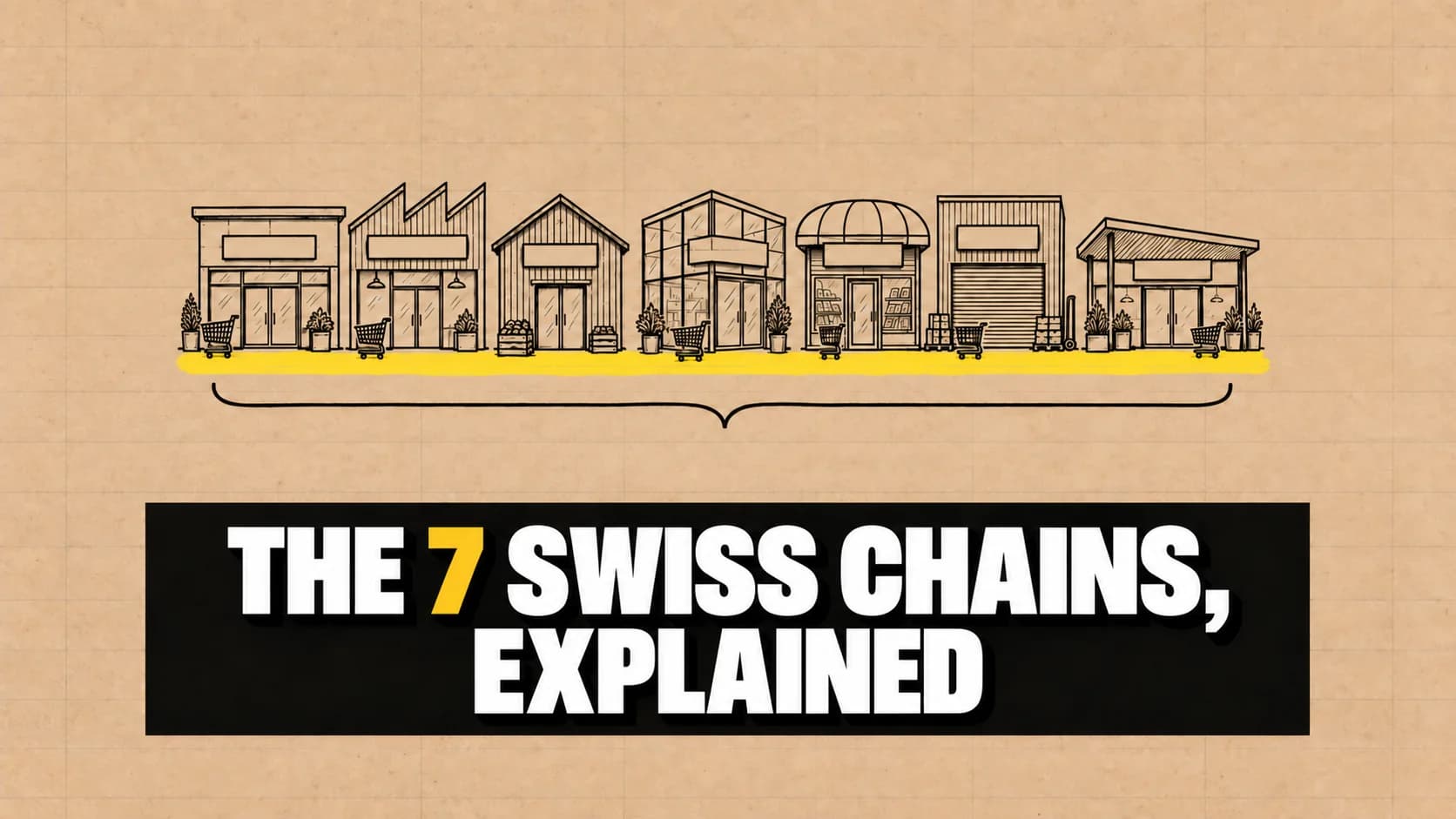 Seven different blank-sign storefronts drawn in ink on kraft paper with a yellow underline.