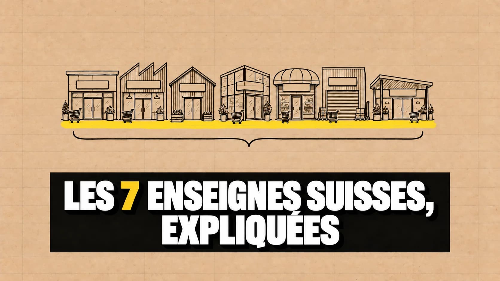 Sept devantures différentes aux enseignes vierges, dessinées à l’encre sur kraft avec un trait jaune.