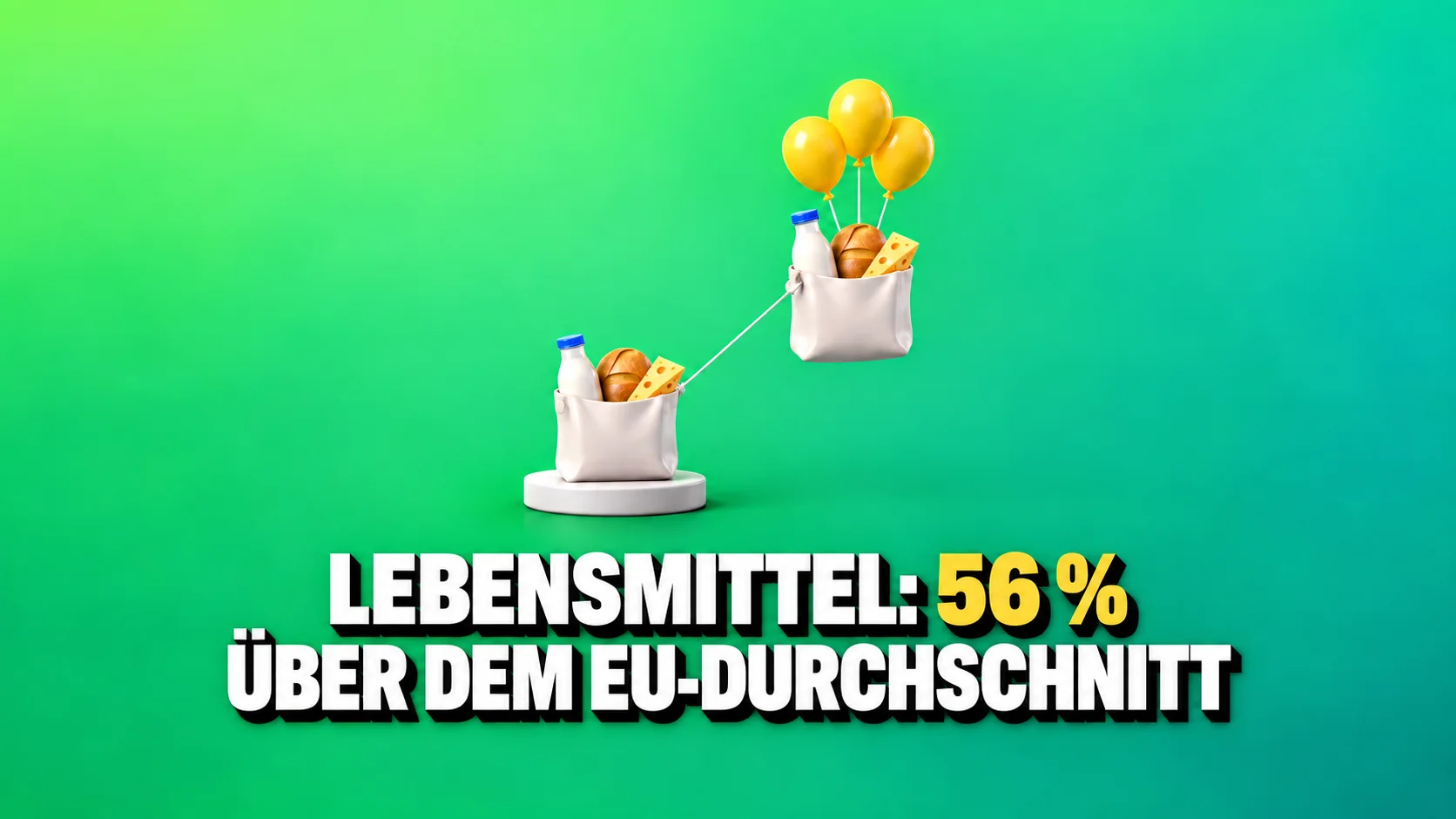 Zwei gleiche Taschen, eine auf einem Sockel und eine an drei gelben Ballons.