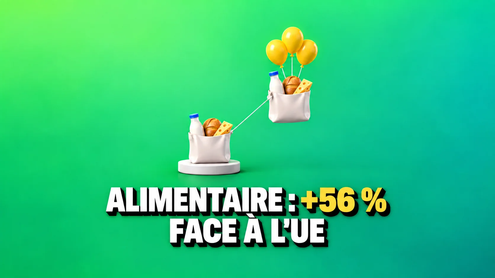 Deux sacs identiques, l'un posé et l'autre soulevé par trois ballons jaunes.